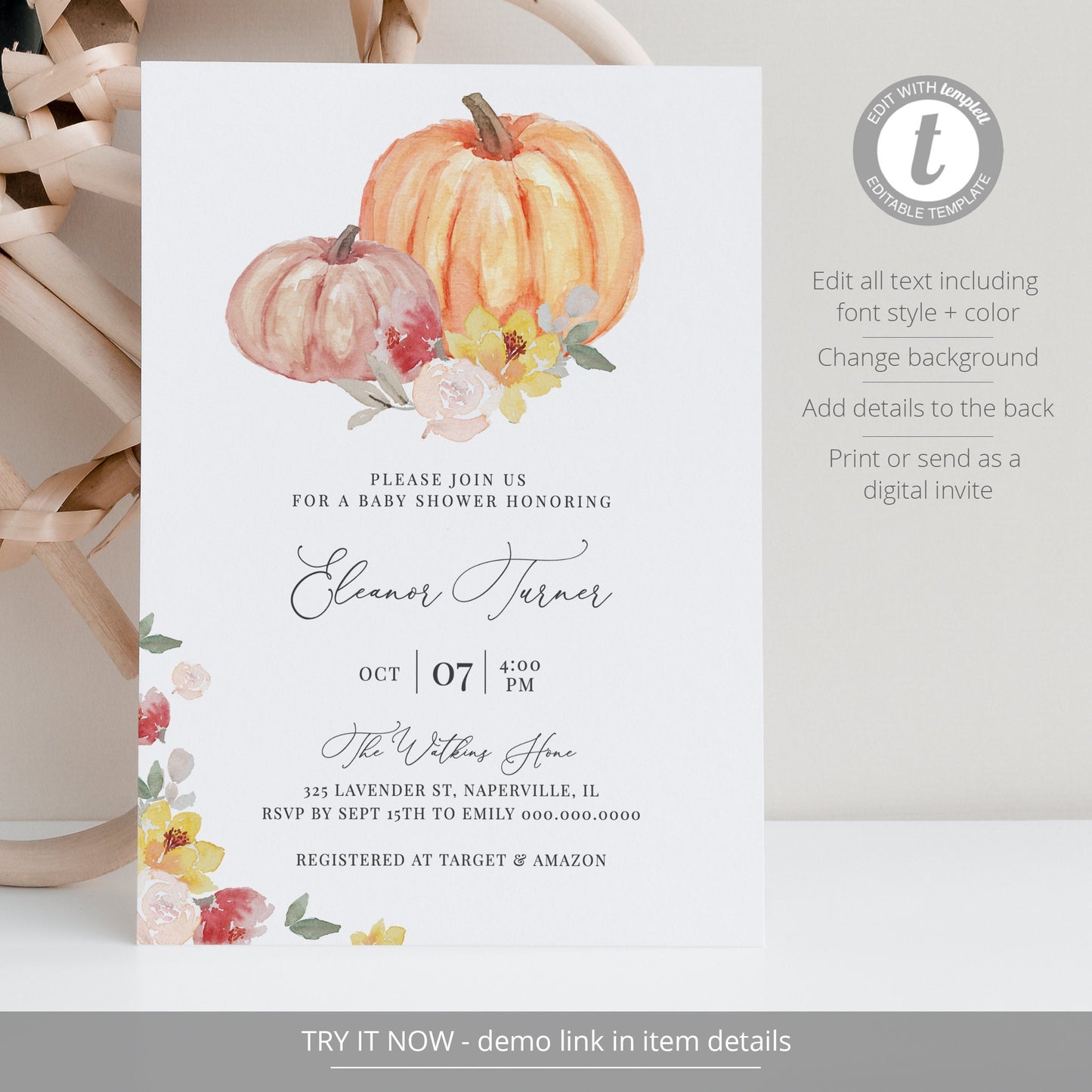 Editable Pumpkin Baby Shower Invitation Autumn Floral Fall Orange Pumpkin Baby Shower Invite Template