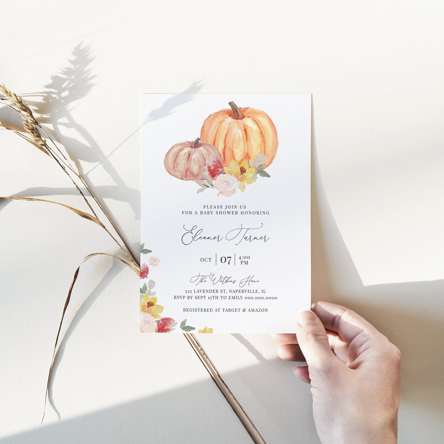 Editable Pumpkin Baby Shower Invitation Autumn Floral Fall Orange Pumpkin Baby Shower Invite Template