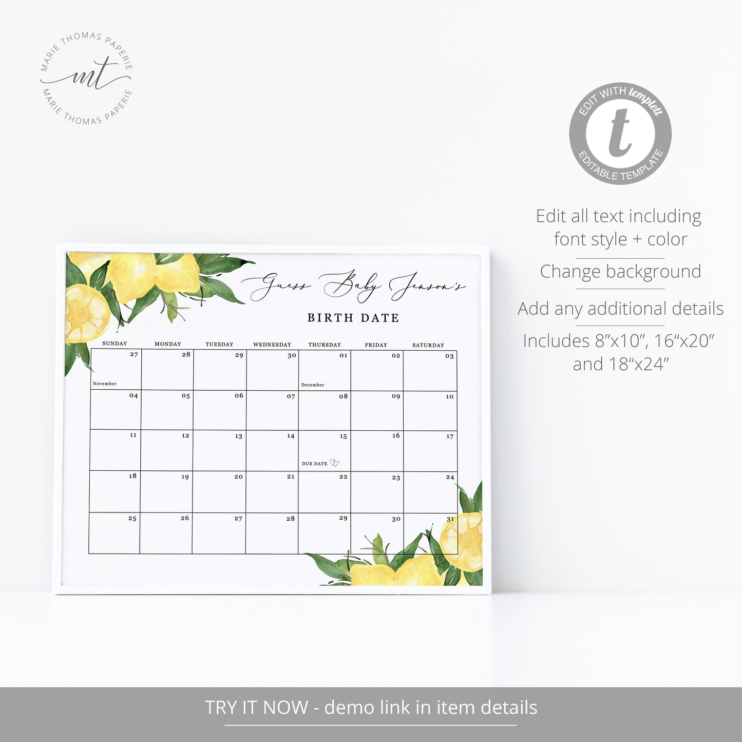 Editable Baby Due Date Calendar Lemon Guess the Birthday Sign Baby Shower Guess the Birth Date Template
