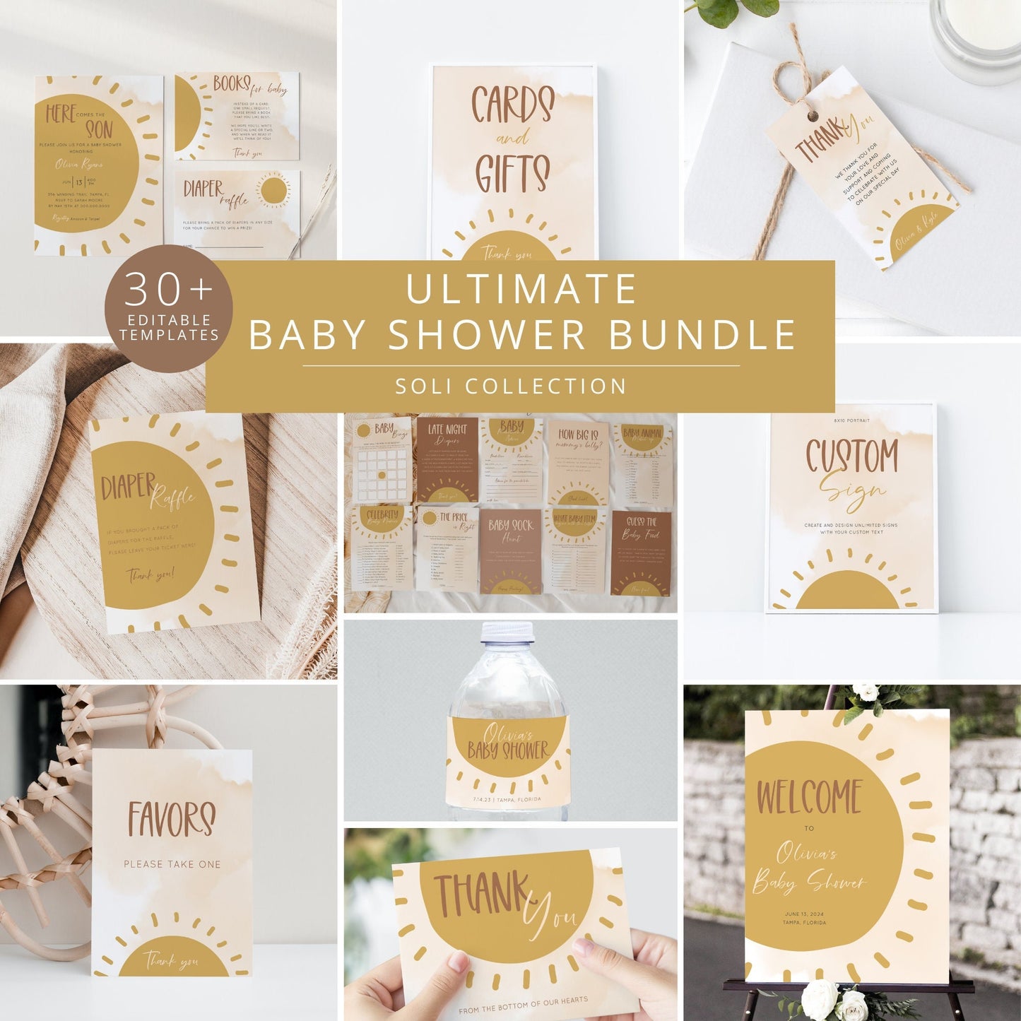 Editable Sun Baby Shower Bundle Sunshine Baby Shower Kit Here Comes the Sun Baby Shower Invitation Bundle Template