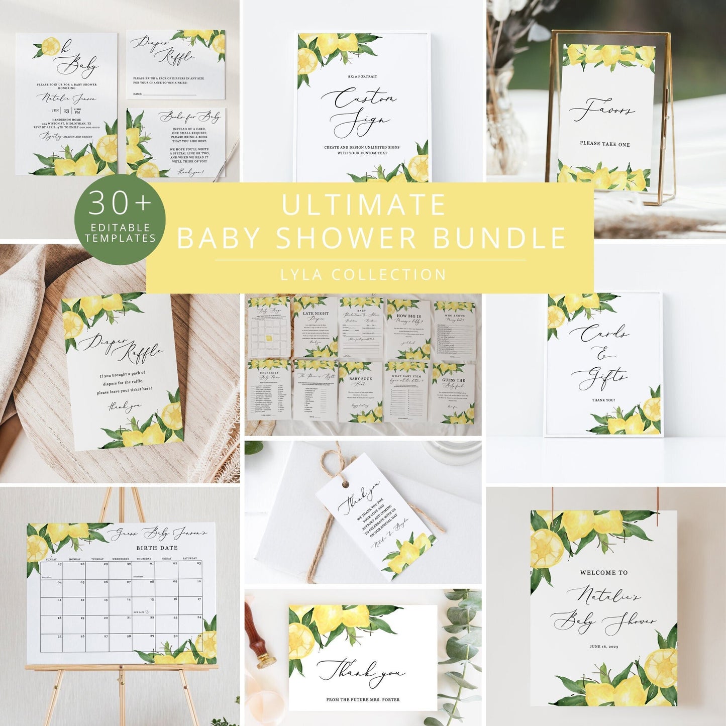 Editable Lemon Baby Shower Bundle Citrus Baby Shower Kit Girl Baby Shower Invitation Bundle Template