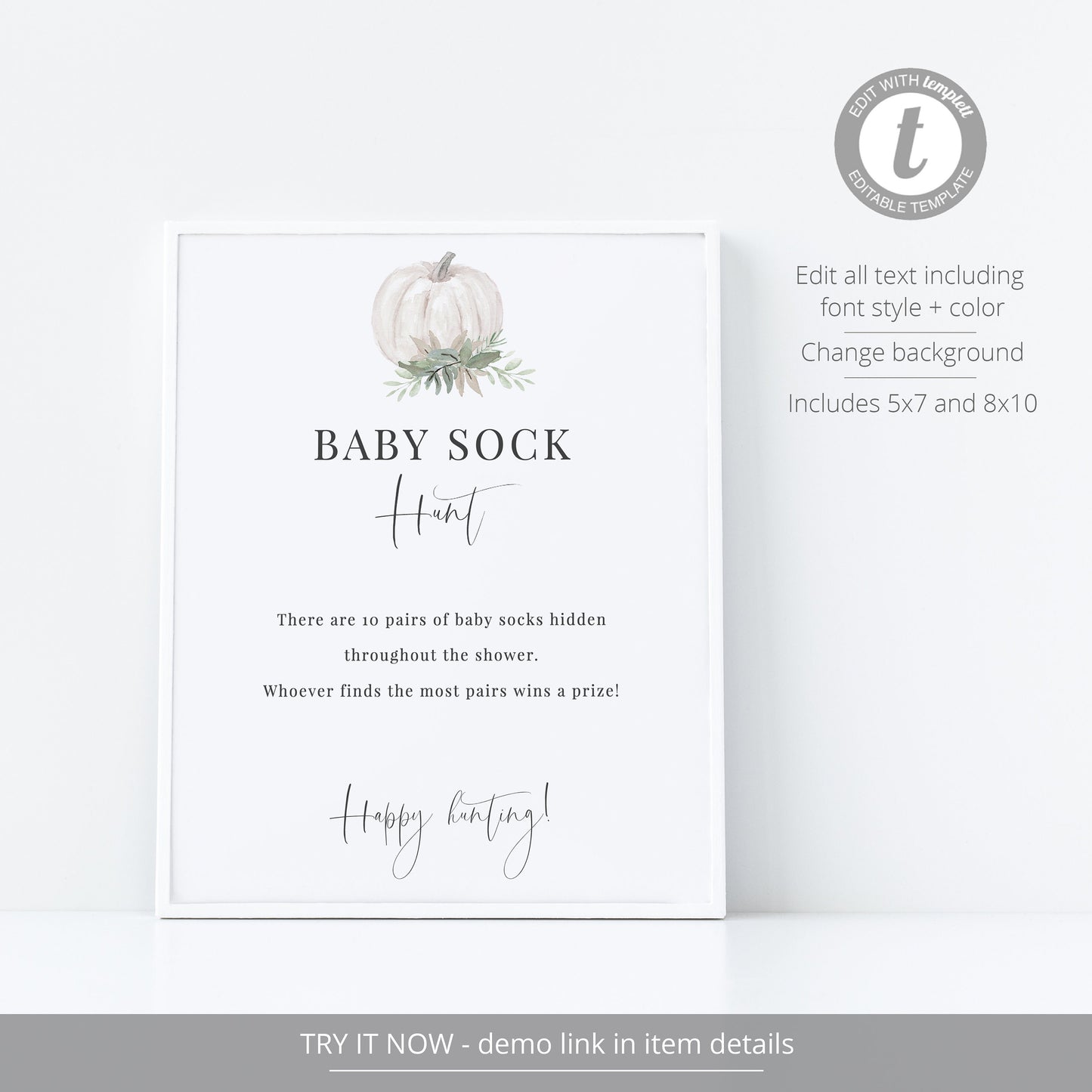 Editable Baby Sock Hunt Game Sign Baby Shower Games Fall White Pumpkin Baby Shower Template