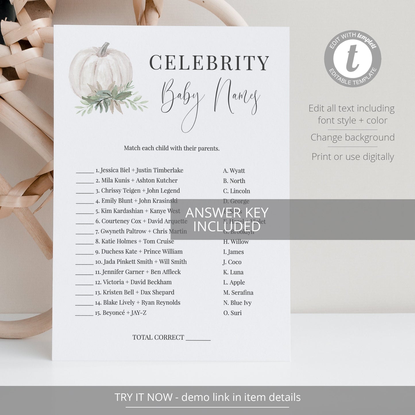 Editable Celebrity Baby Names Matching White Pumpkin Fall Baby Shower Games Gender Neutral Template