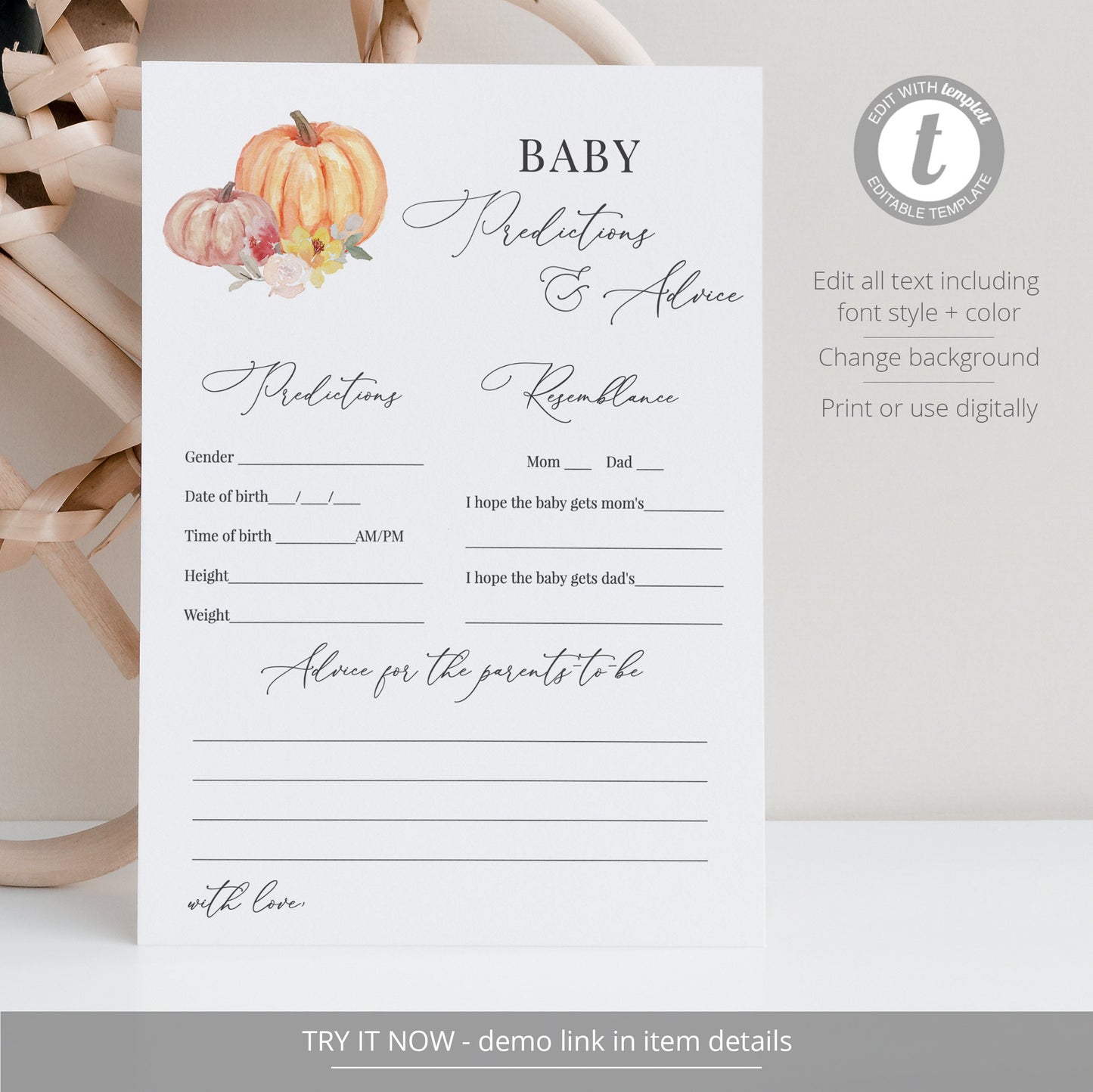 Editable Baby Advice and Predictions Pumpkin Fall Floral Autumn Baby Shower Games Template