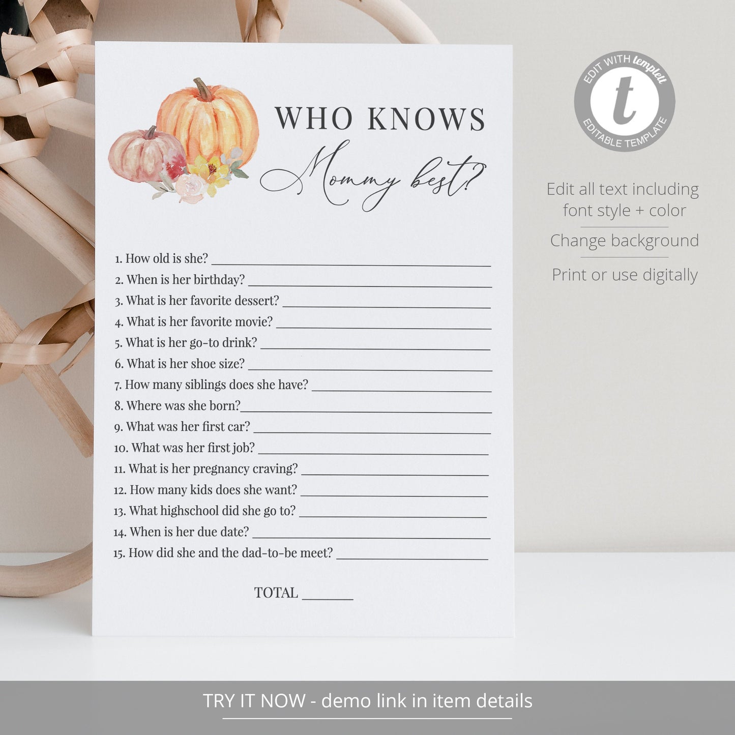 Editable Pumpkin Who Knows Mommy Best Game Pumpkin Fall Floral Autumn Baby Shower Games Template