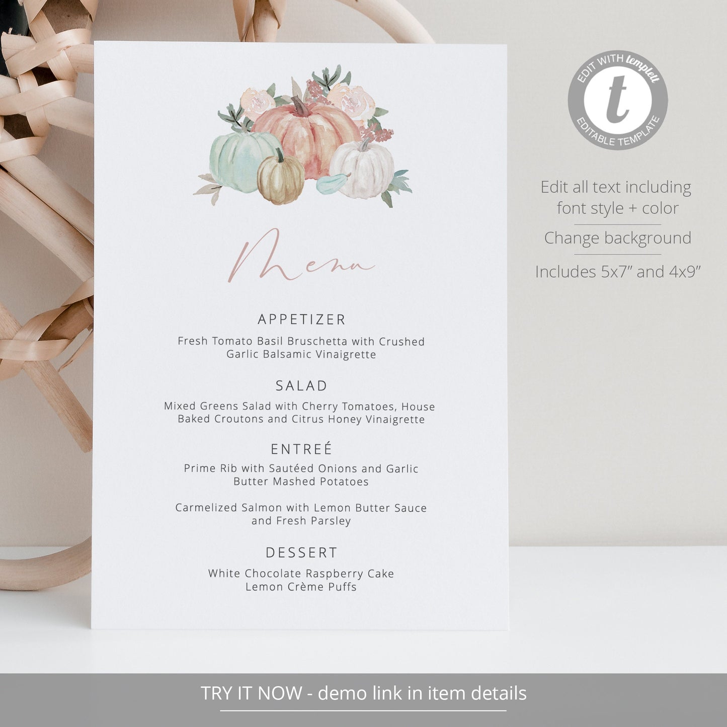 Editable Fall Wedding Menu Pumpkin Wedding Menu Card Thanksgiving Menu 5x7 and 4x9 Template