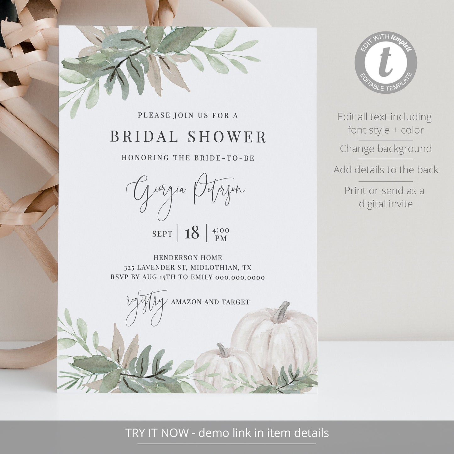 Editable Fall Bridal Shower Invitation Sage Green White Pumpkin Bridal Shower Invite Template