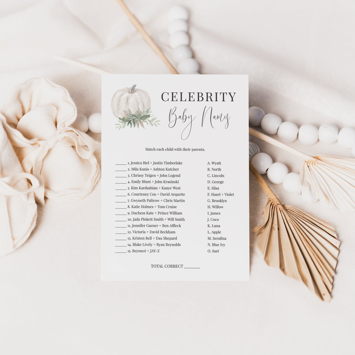 Editable Celebrity Baby Names Matching White Pumpkin Fall Baby Shower Games Gender Neutral Template