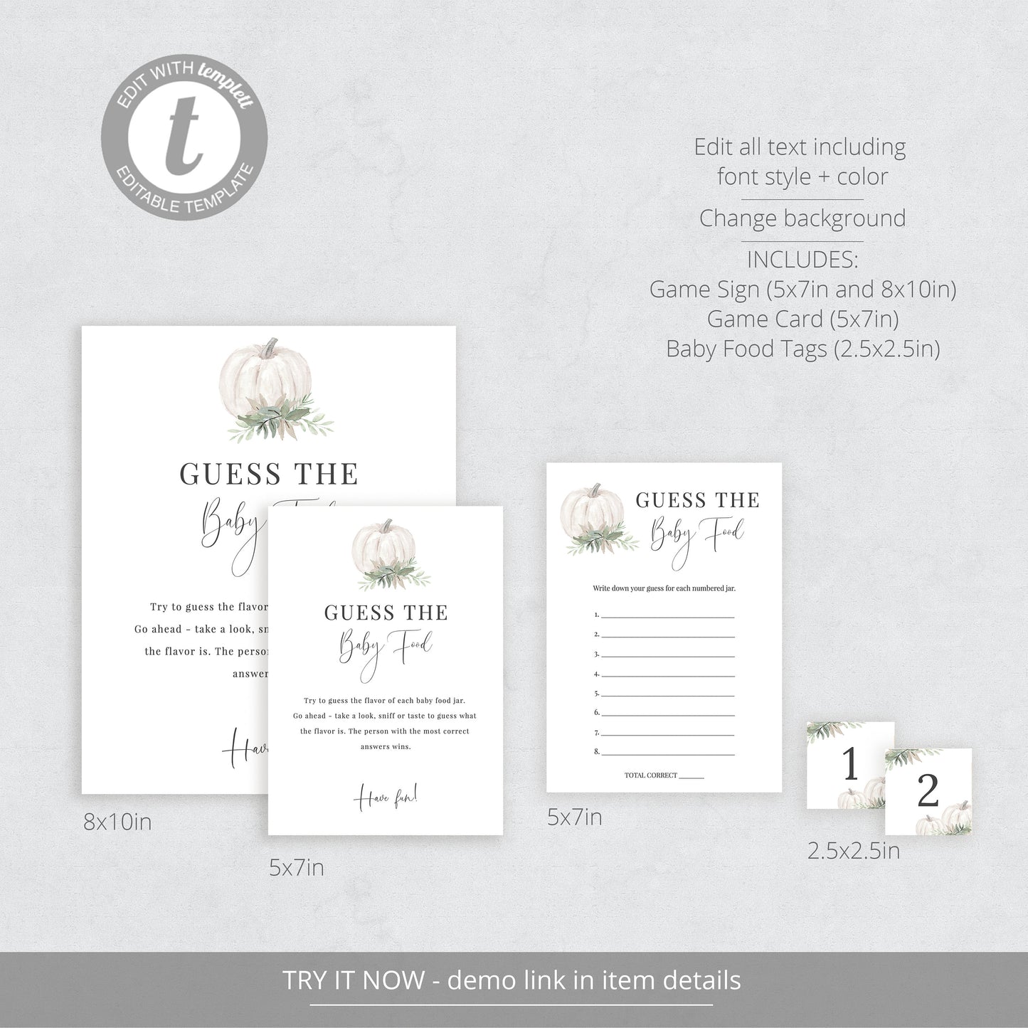 Editable Guess the Baby Food Game Baby Shower Games Fall White Pumpkin Baby Shower Template