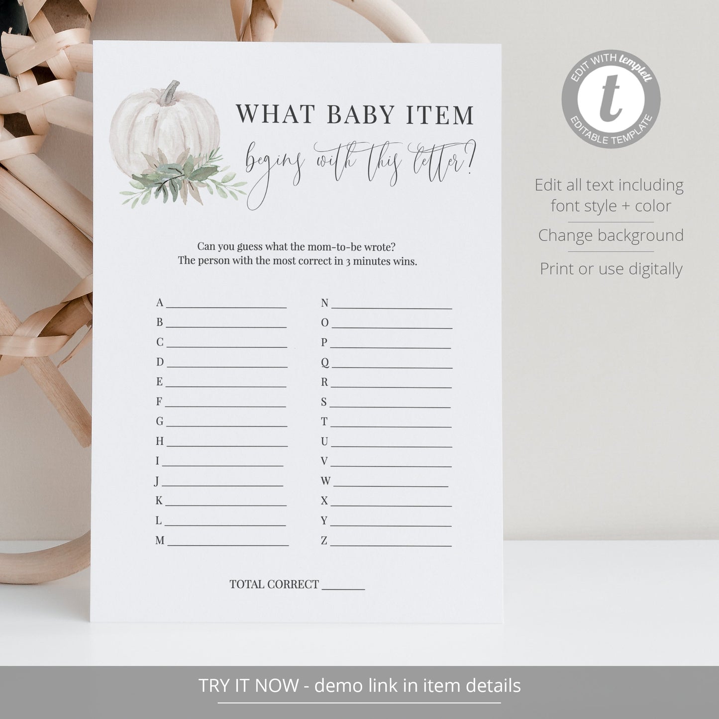 Editable Baby ABC Shower Game White Pumpkin Fall Baby Shower Games What Item Begins With Template