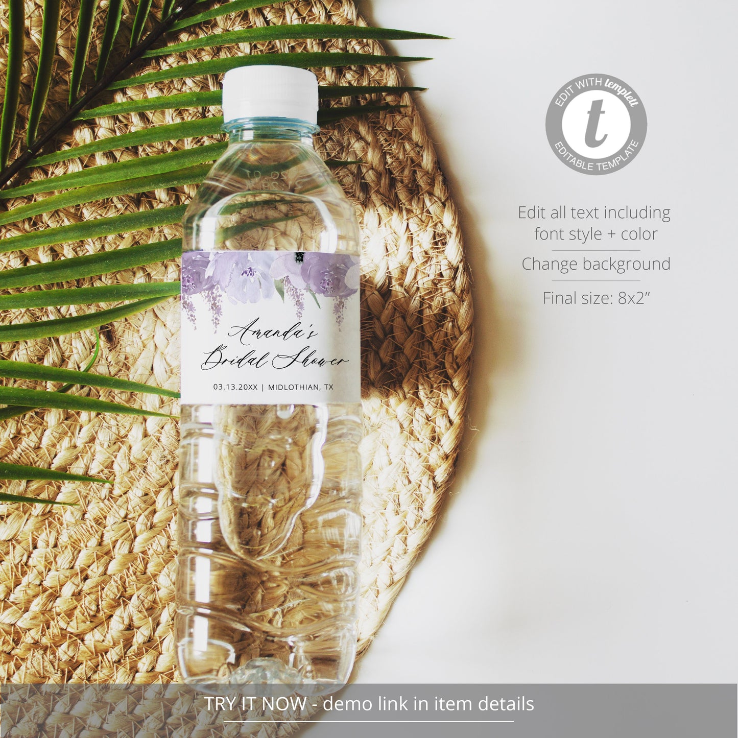 Editable Lavender Water Bottle Labels Bridal Shower Water Bottle Label Purple Floral Water Bottle Label Template