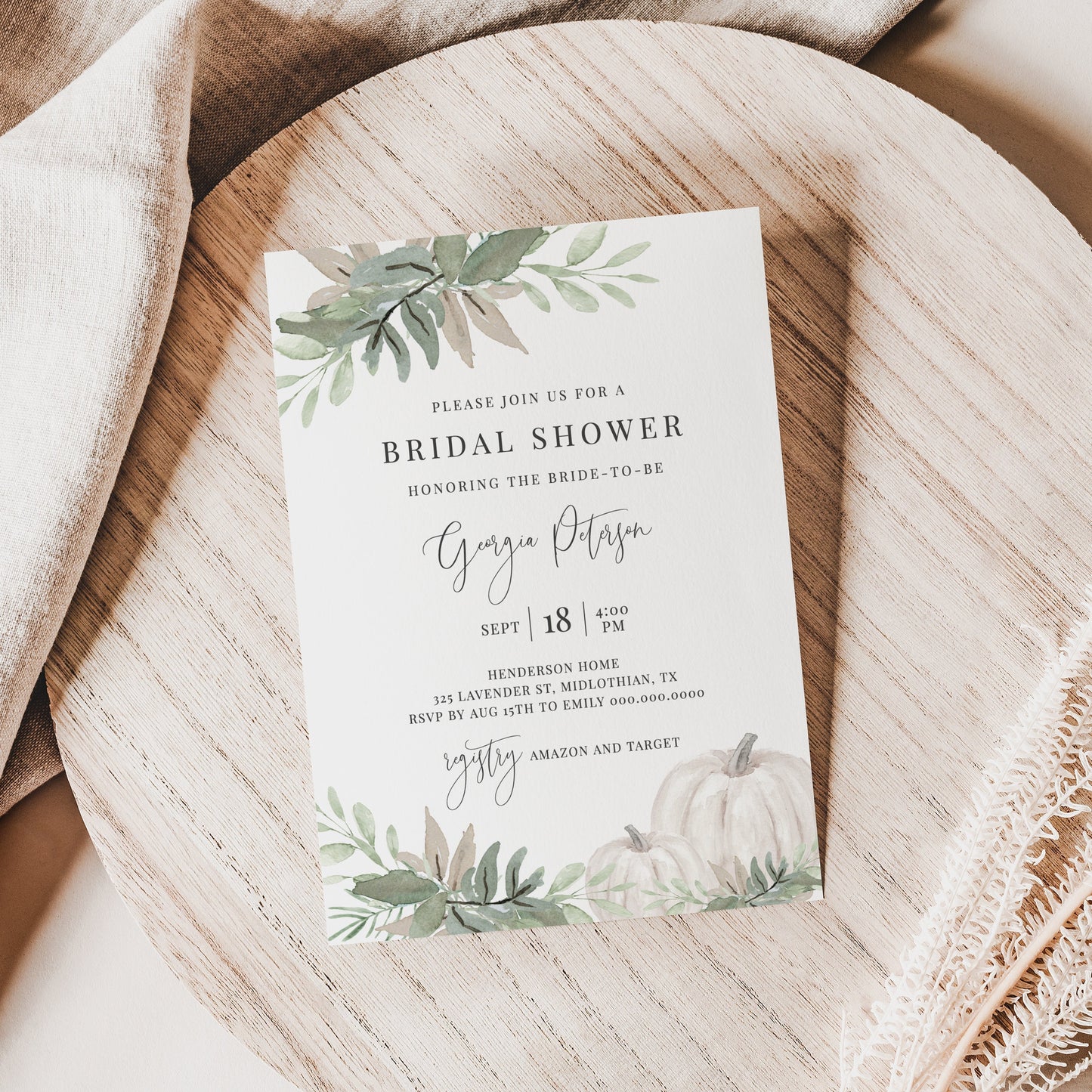 Editable Fall Bridal Shower Invitation Sage Green White Pumpkin Bridal Shower Invite Template