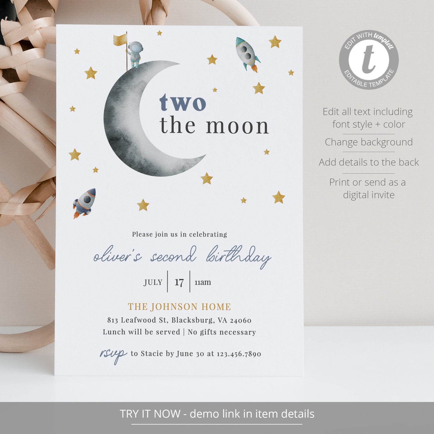Editable   Two the Moon Birthday Invitation Outer Space Moon Stars Birthday Invite Boy Second Birthday Template