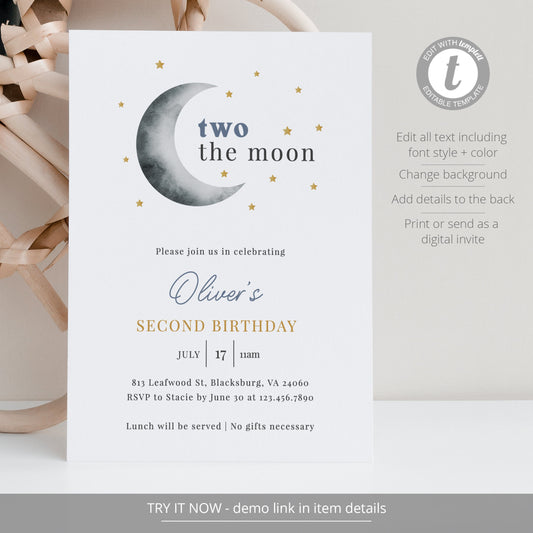 Editable   Two the Moon Birthday Invitation Moon & Stars Birthday Invite Outer Space Boy Second Birthday Template