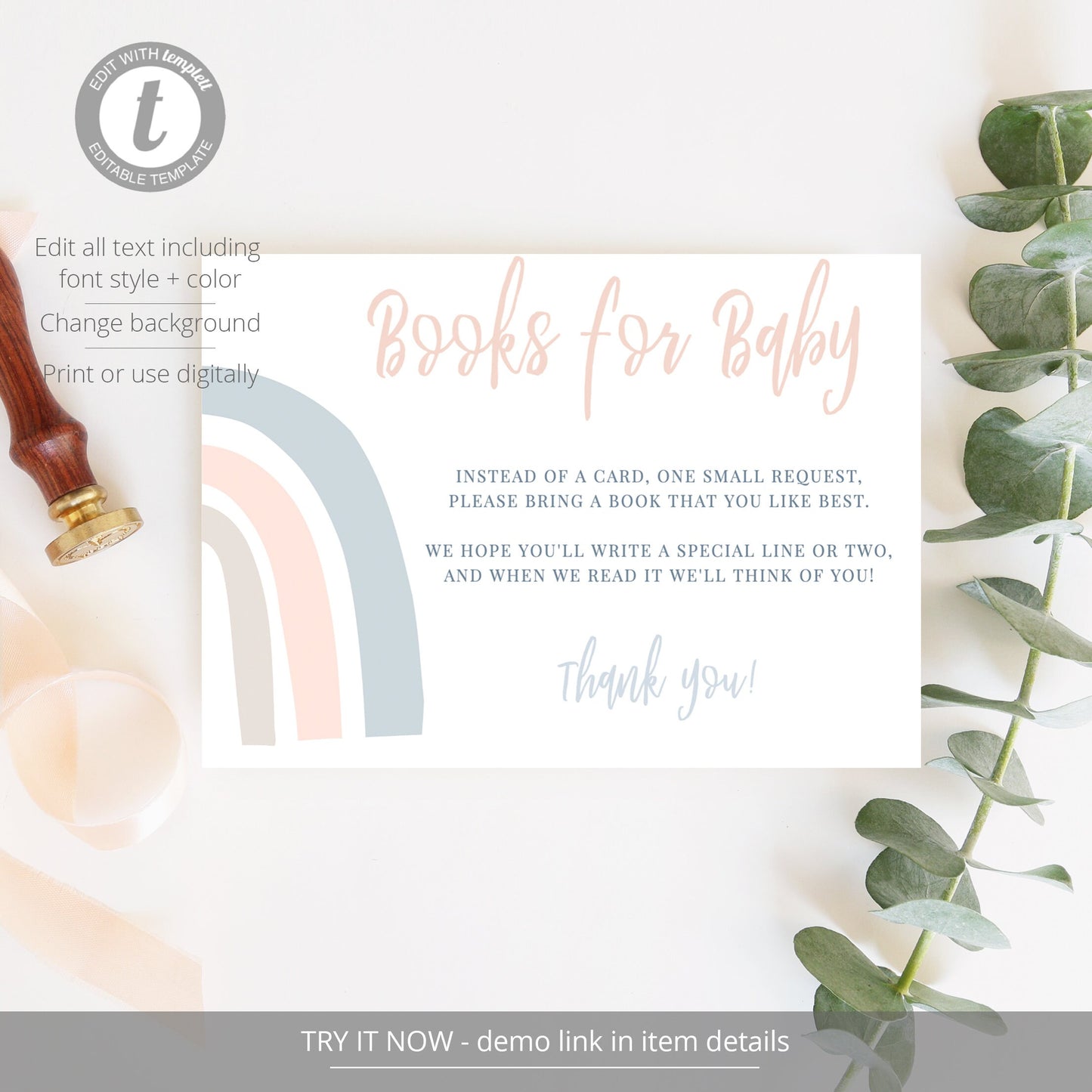 Editable Books for Baby Insert Card Neutral Rainbow Baby Shower Insert Baby Library Insert Gender Reveal Baby Insert  Template