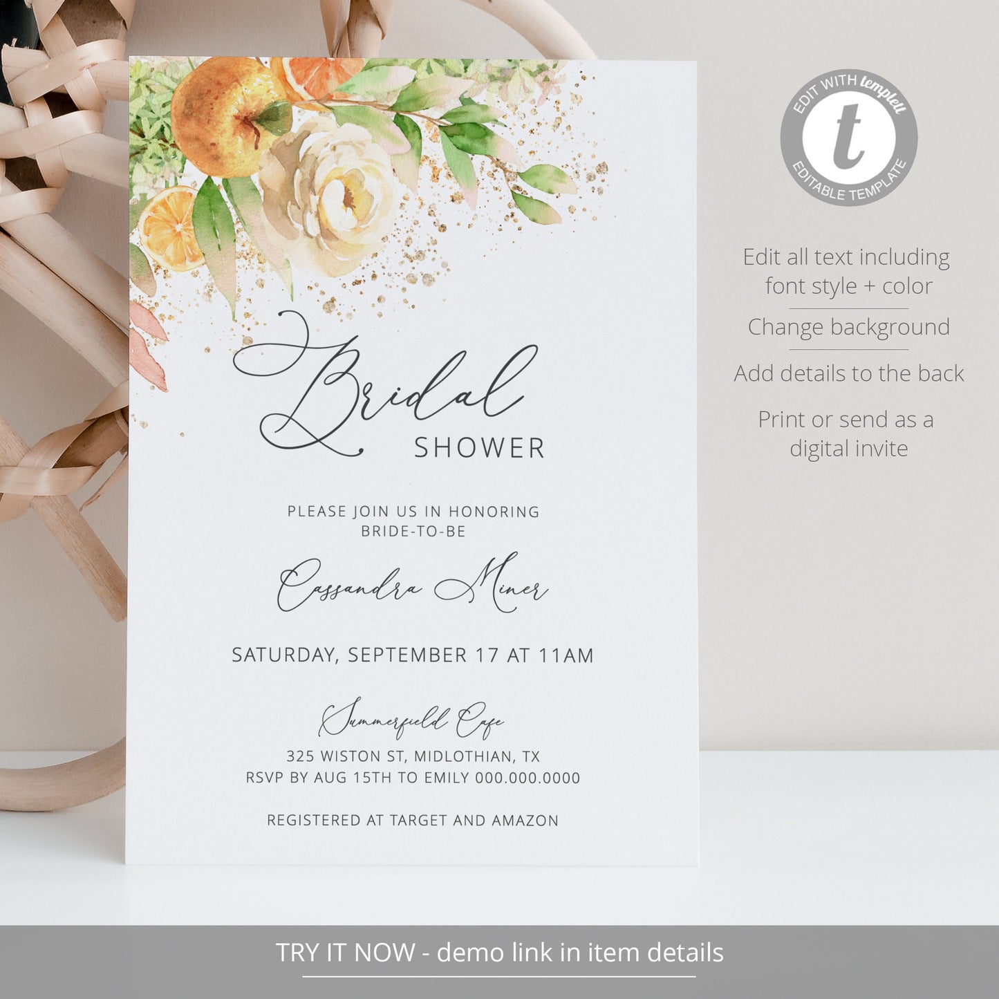 Editable Citrus Bridal Shower Invitation Orange Bridal Shower Invite Fruit Wedding Shower Template