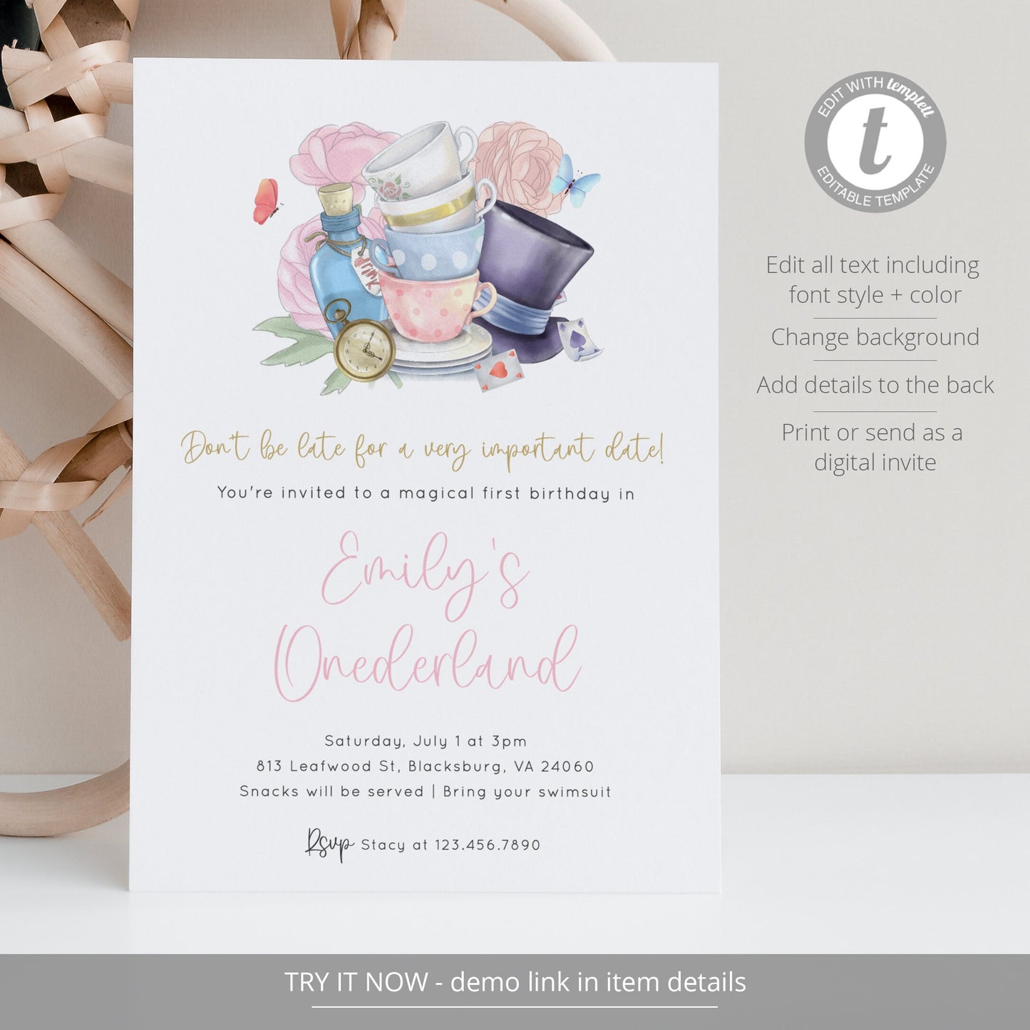 Editable Wonderland 1st Birthday Invitation Onederland Girl Birthday Invite Mad Tea Birthday Invite Template