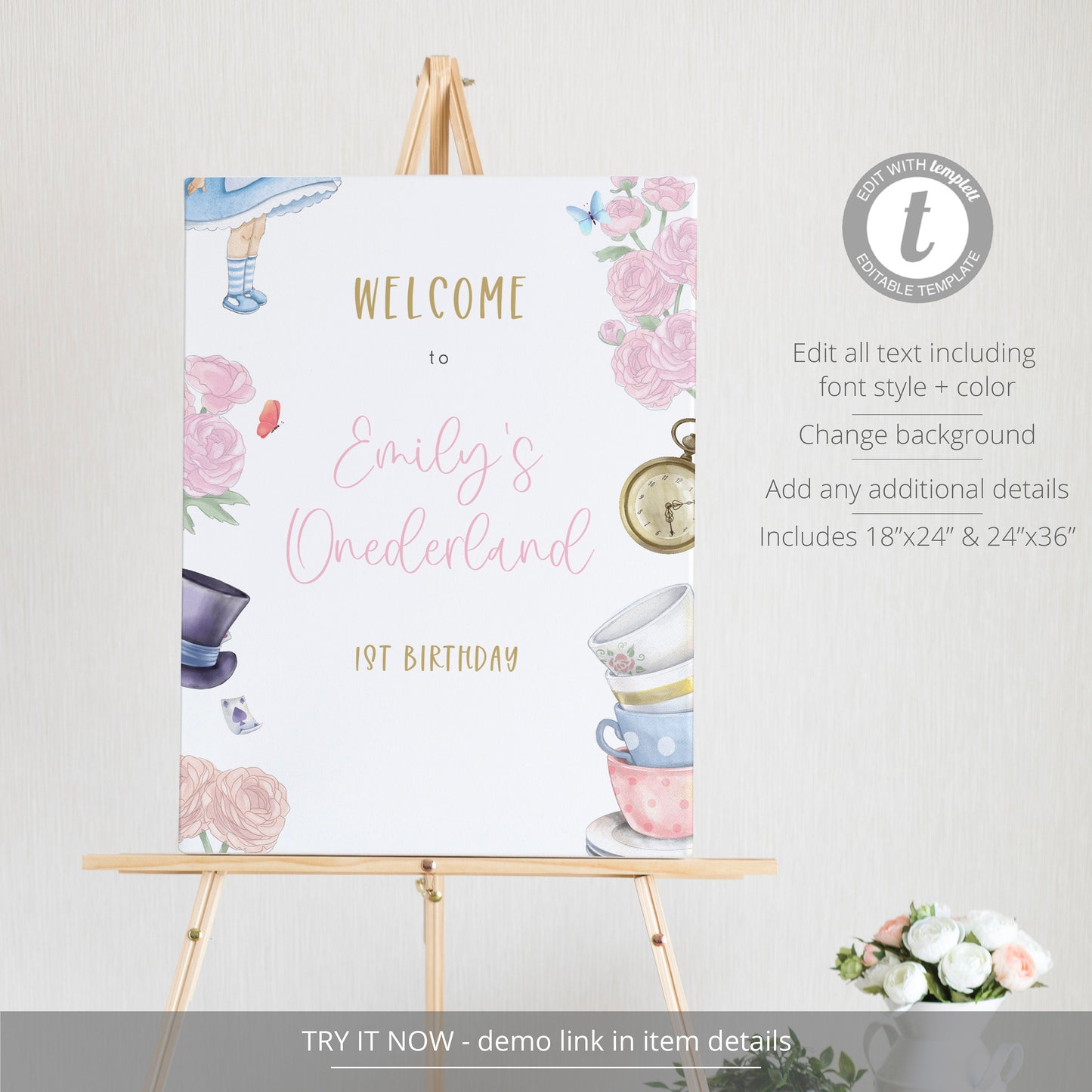 Editable Onederland First Birthday Welcome Sign Mad Hatter Tea Party 1st Birthday Wonderland Welcome Poster Template