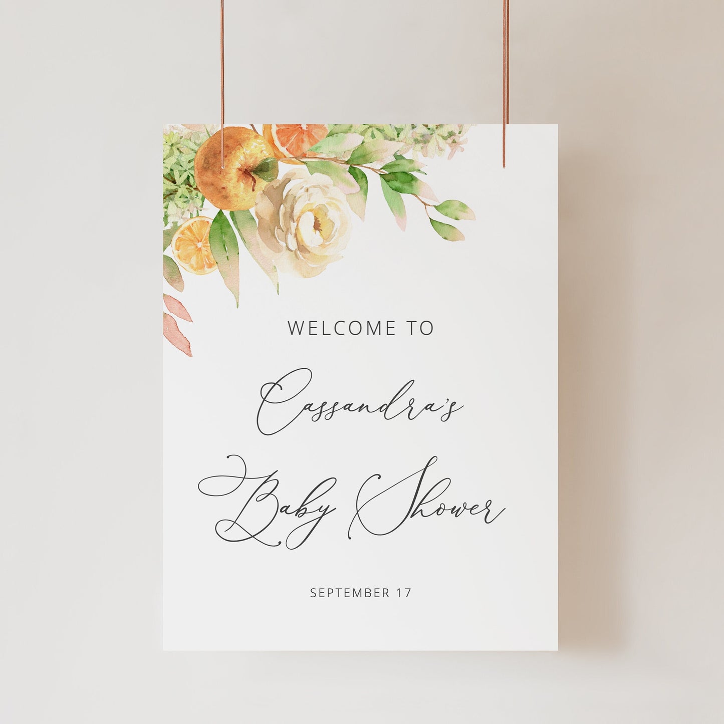 Editable Orange Baby Shower Welcome Sign Floral Baby Shower Welcome Poster Citrus Fruit Shower Sign Template