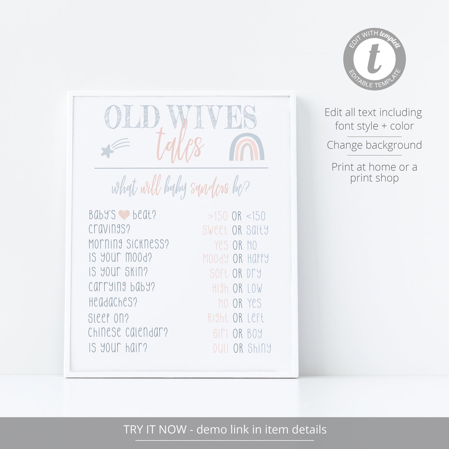 Editable Old Wives Tales Sign Blue or Pink Rainbow Gender Reveal Predictions Gender Reveal Game Sign  Template