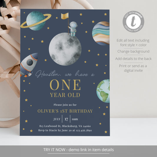 Editable   Houston We Have A One Year Old Outer Space First Birthday Invitation Galaxy Blast Off Invite Template