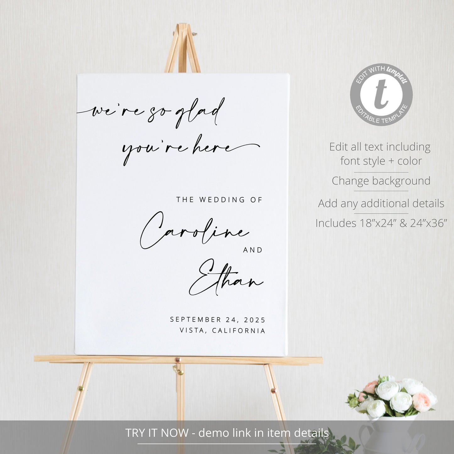 Editable Modern Wedding Welcome Sign Minimalist Wedding Welcome Sign We're So Glad You're Here Welcome Poster Template