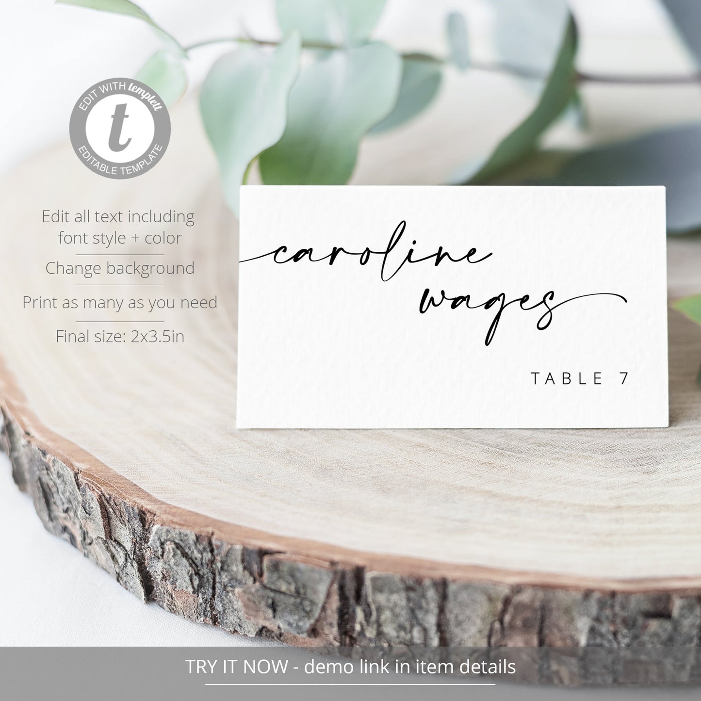Editable Minimalist Script Wedding Place Card Wedding Name Card Escort Card Text Template