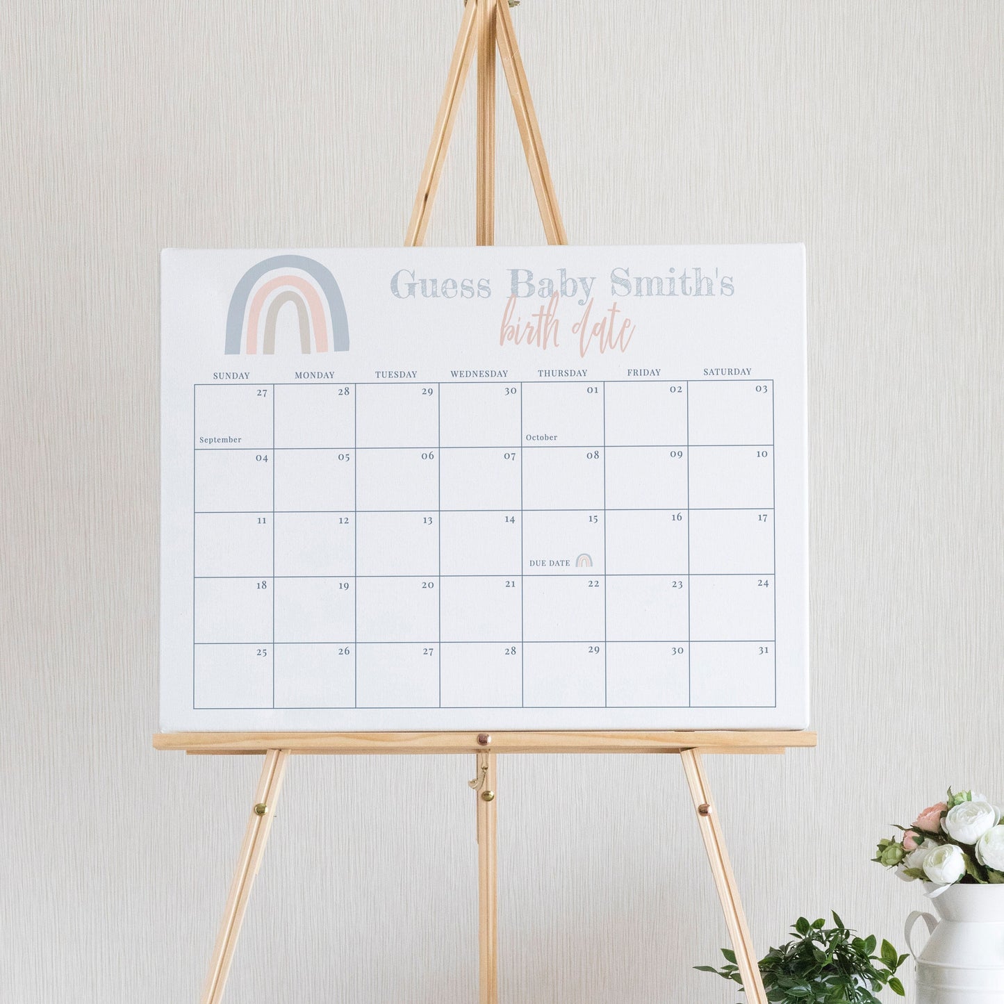 Editable Rainbow Baby Due Date Calendar Guess the Birthday Sign Gender Reveal Guess the Birth Date  Template