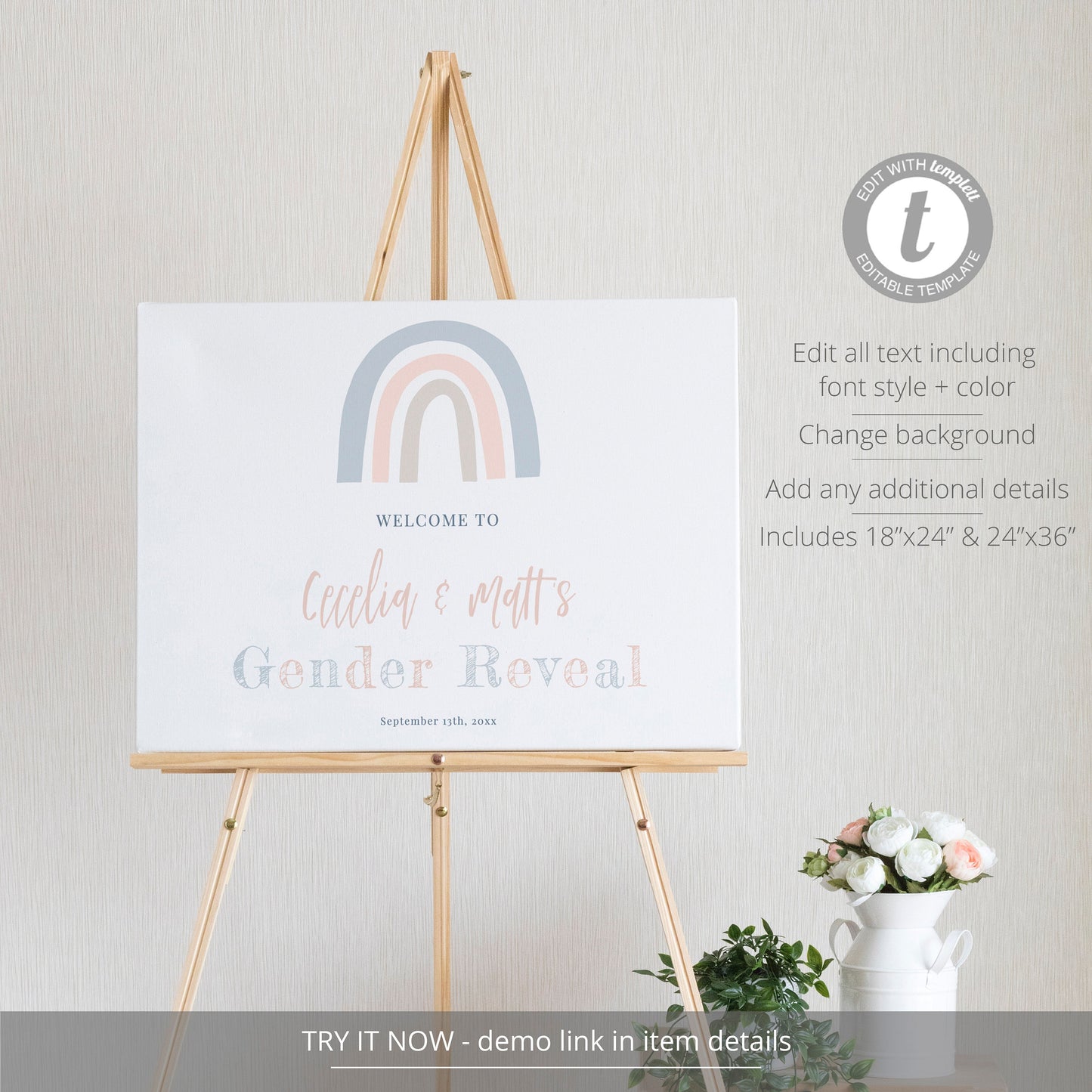 Editable Rainbow Gender Reveal Welcome Sign Boho Dusty Pink and Blue Gender Reveal Welcome Poster   Template