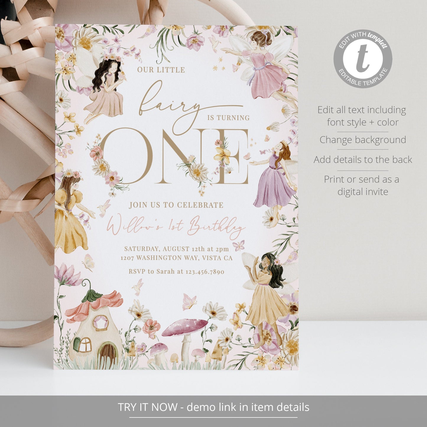 Editable Fairy Birthday Invitation Butterfly Magical Wildflower Fairy Birthday Invite Template