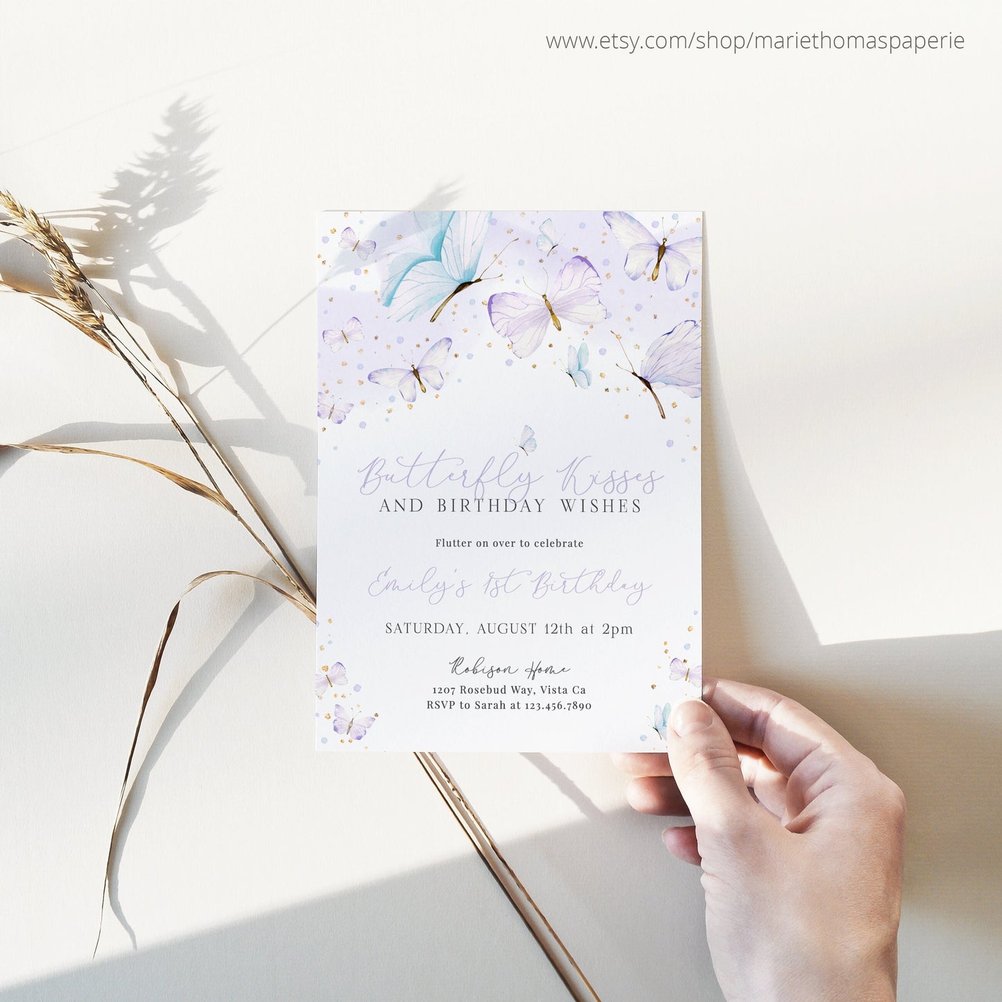 Editable Butterfly Birthday Invitation Purple Butterfly Kisses Invite Girl First Birthday Butterfly Party Template