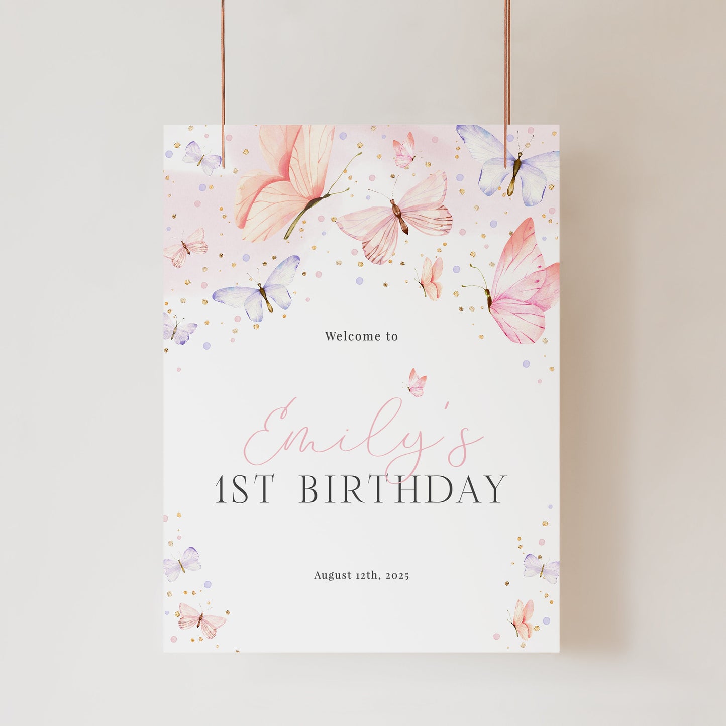 Editable Butterfly First Birthday Welcome Sign Pink Butterfly Birthday Welcome Poster Girl Butterfly Party Sign Template