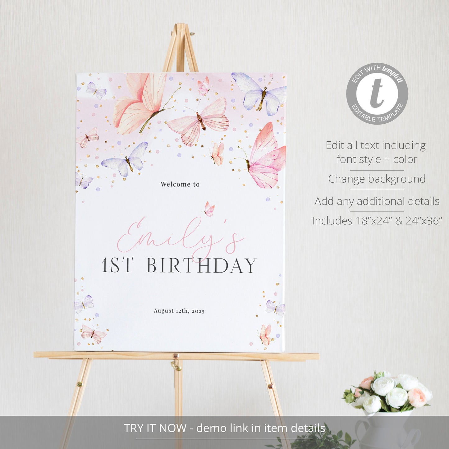 Editable Butterfly First Birthday Welcome Sign Pink Butterfly Birthday Welcome Poster Girl Butterfly Party Sign Template