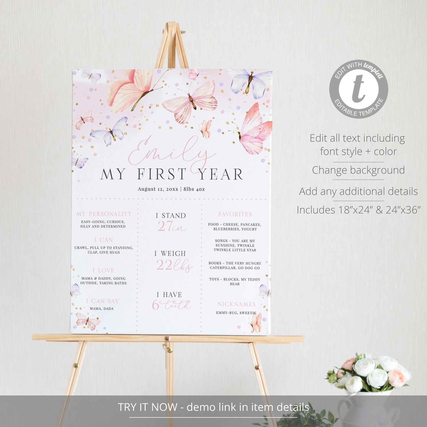 Editable Butterfly First Birthday Milestone Poster Butterfly Birthday Stats Sign Pink First Year Milestone Sign Template