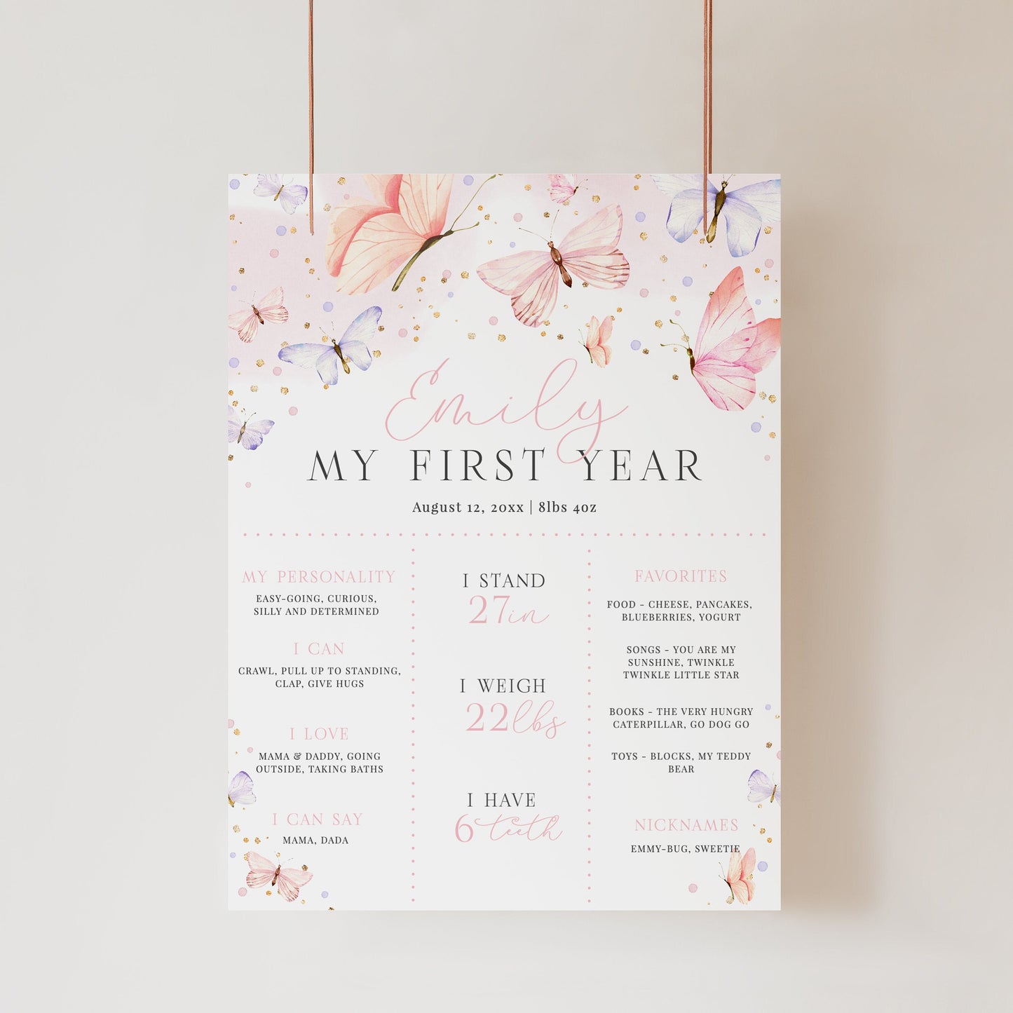 Editable Butterfly First Birthday Milestone Poster Butterfly Birthday Stats Sign Pink First Year Milestone Sign Template