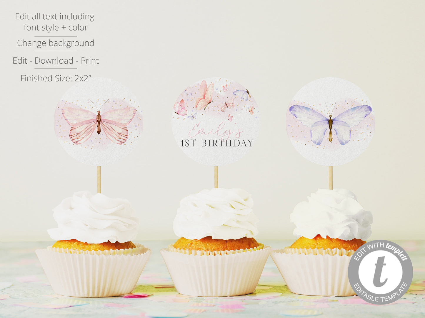Editable Butterfly Cupcake Toppers Butterfly Birthday Cupcake Toppers First Birthday Cupcake Toppers Template