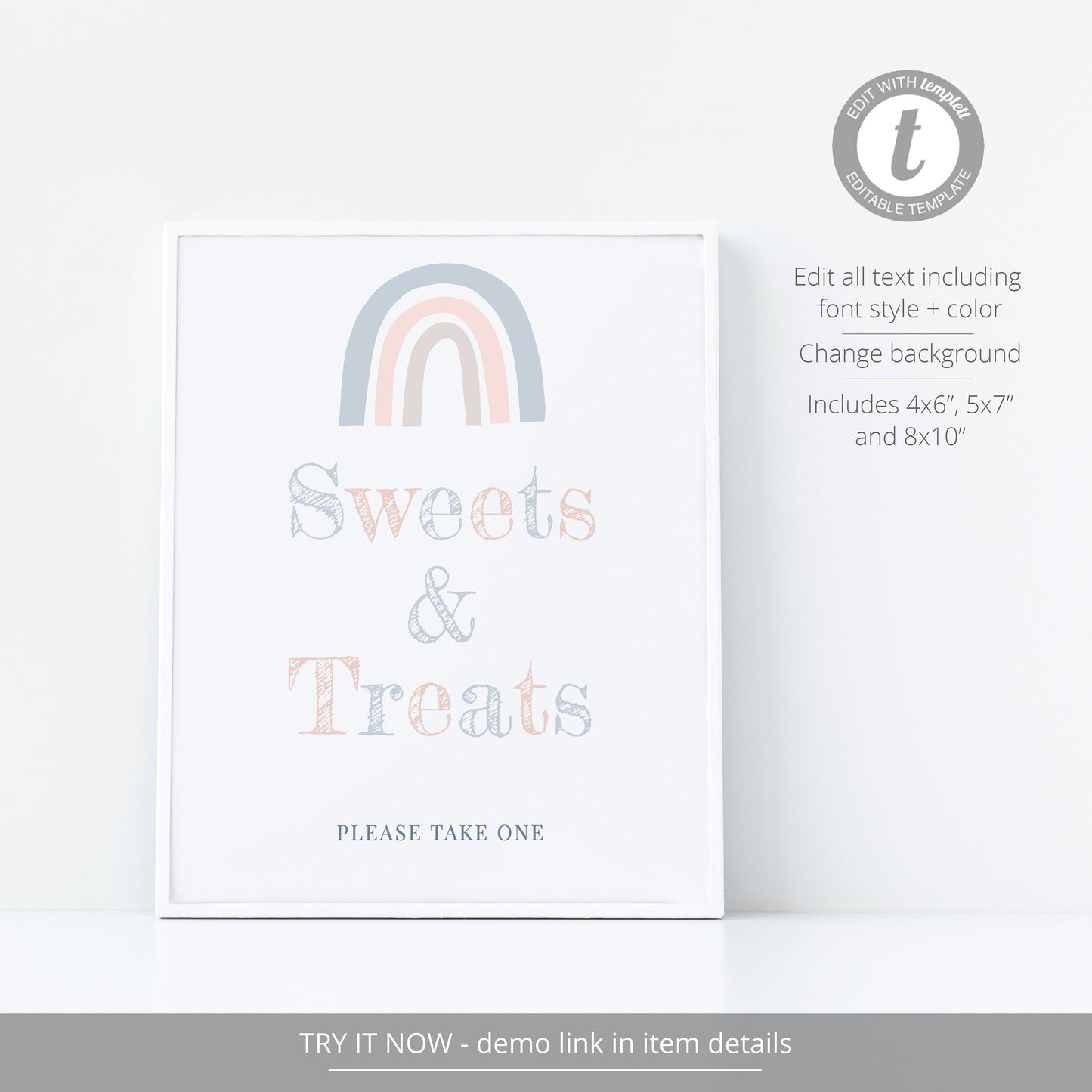 Editable Gender Reveal Treat Sign Sweet and Treats Sign Blue and Pink Rainbow Gender Reveal  Template