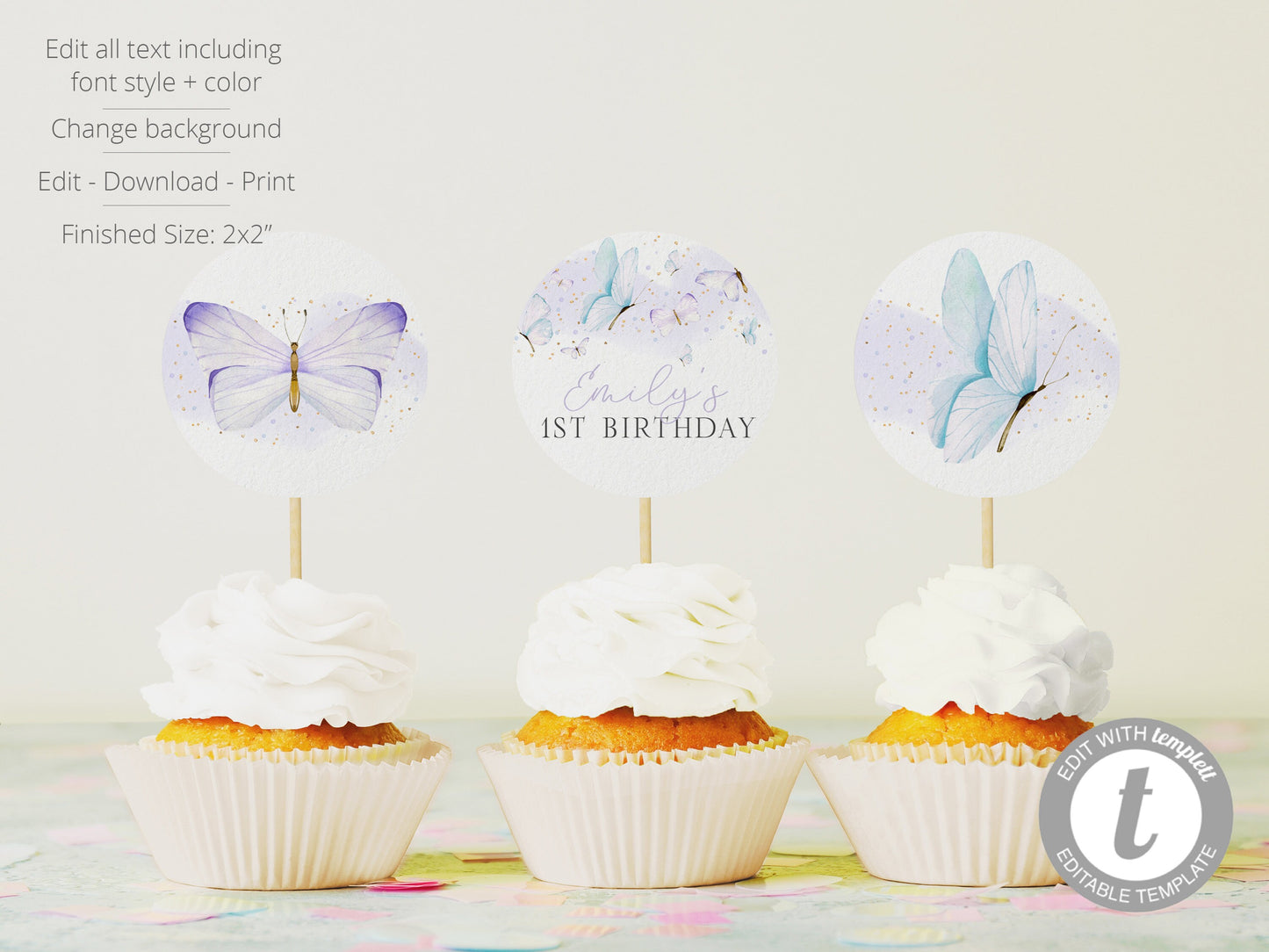 Editable Butterfly Cupcake Toppers Purple Butterfly Cupcake Toppers First Birthday Cupcake Toppers Template
