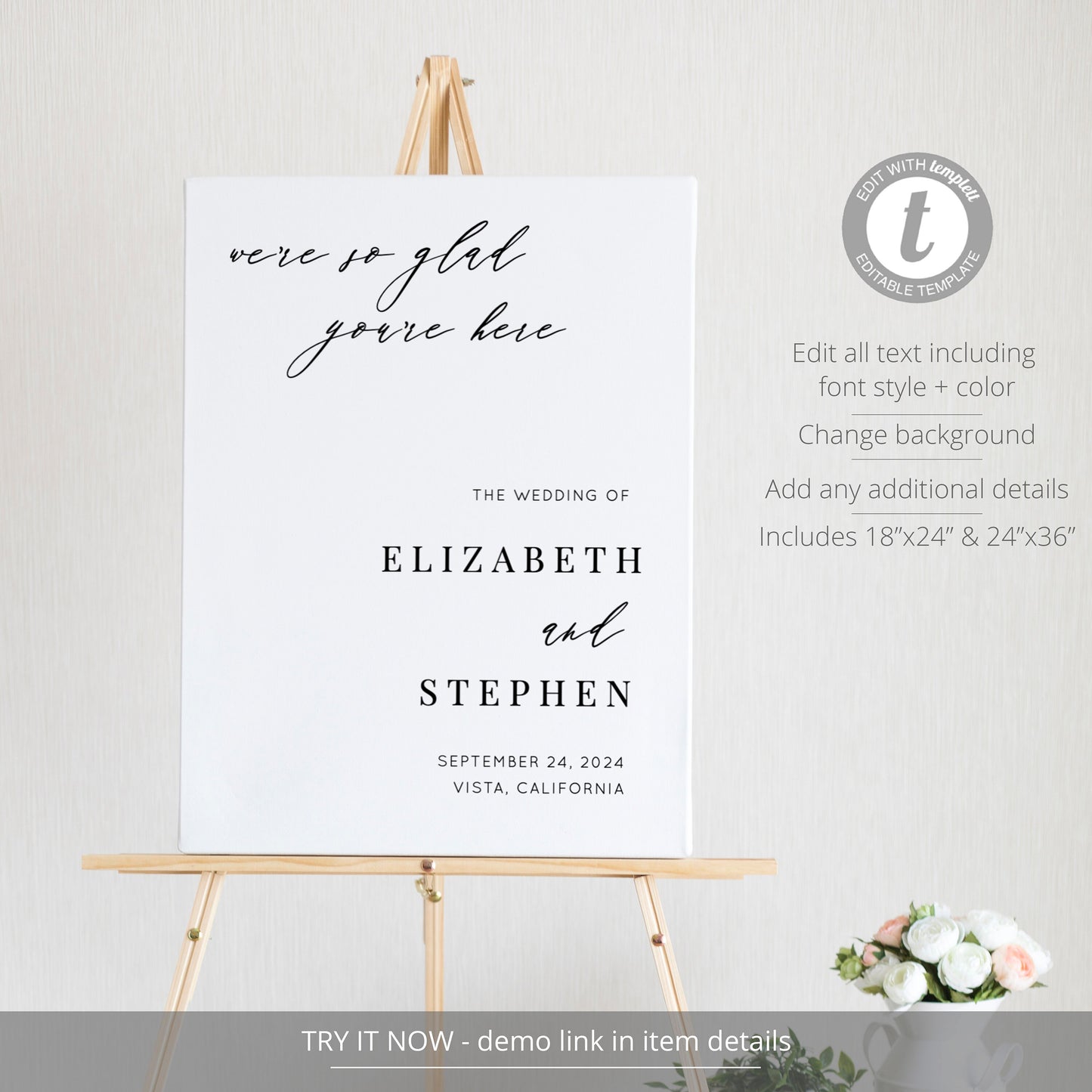 Editable Modern Wedding Welcome Sign Minimalist Wedding Welcome Sign We're So Glad You're Here Welcome Poster Template