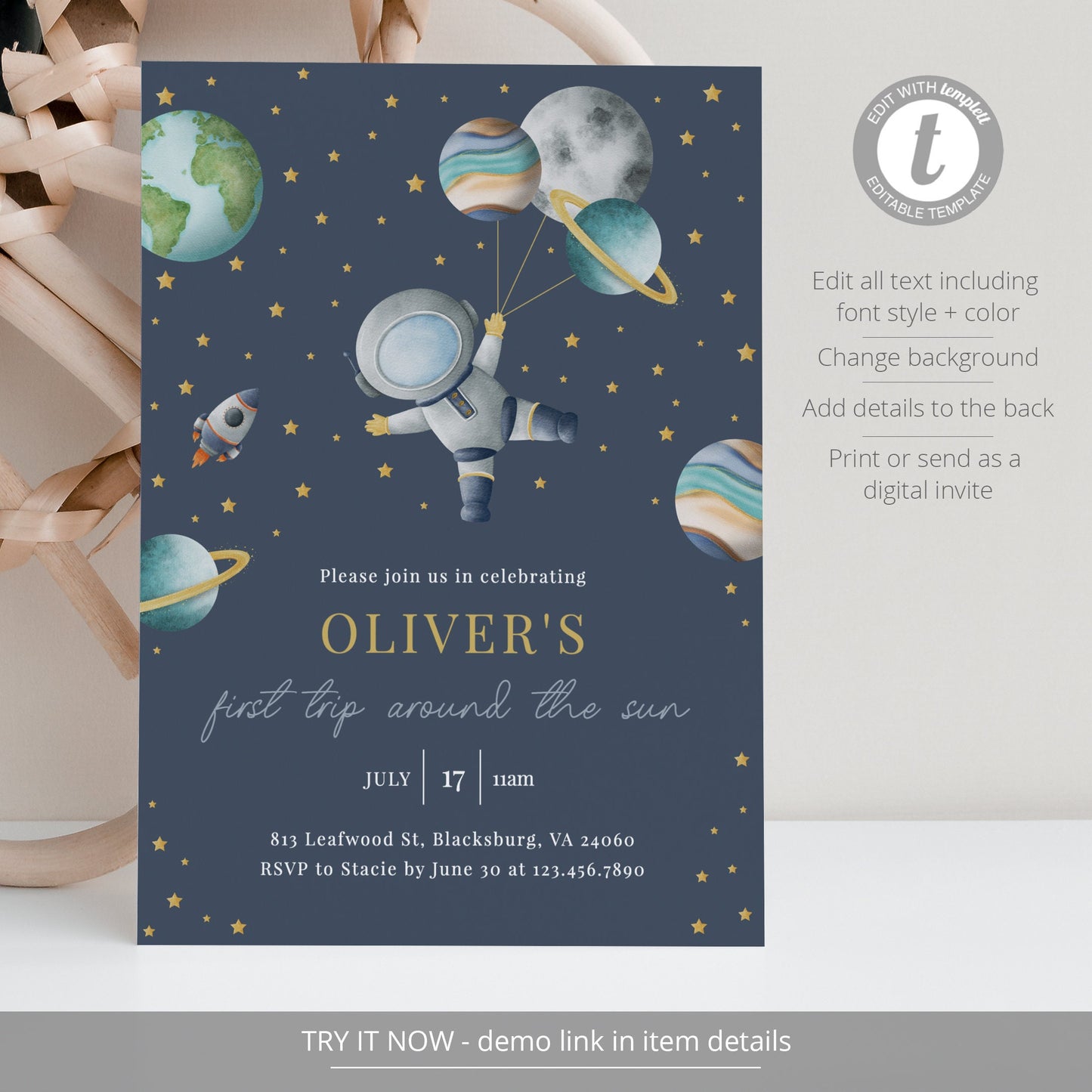 Editable   First Trip Around The Sun Outer Space First Birthday Invitation Galaxy Blast Off Invite Template