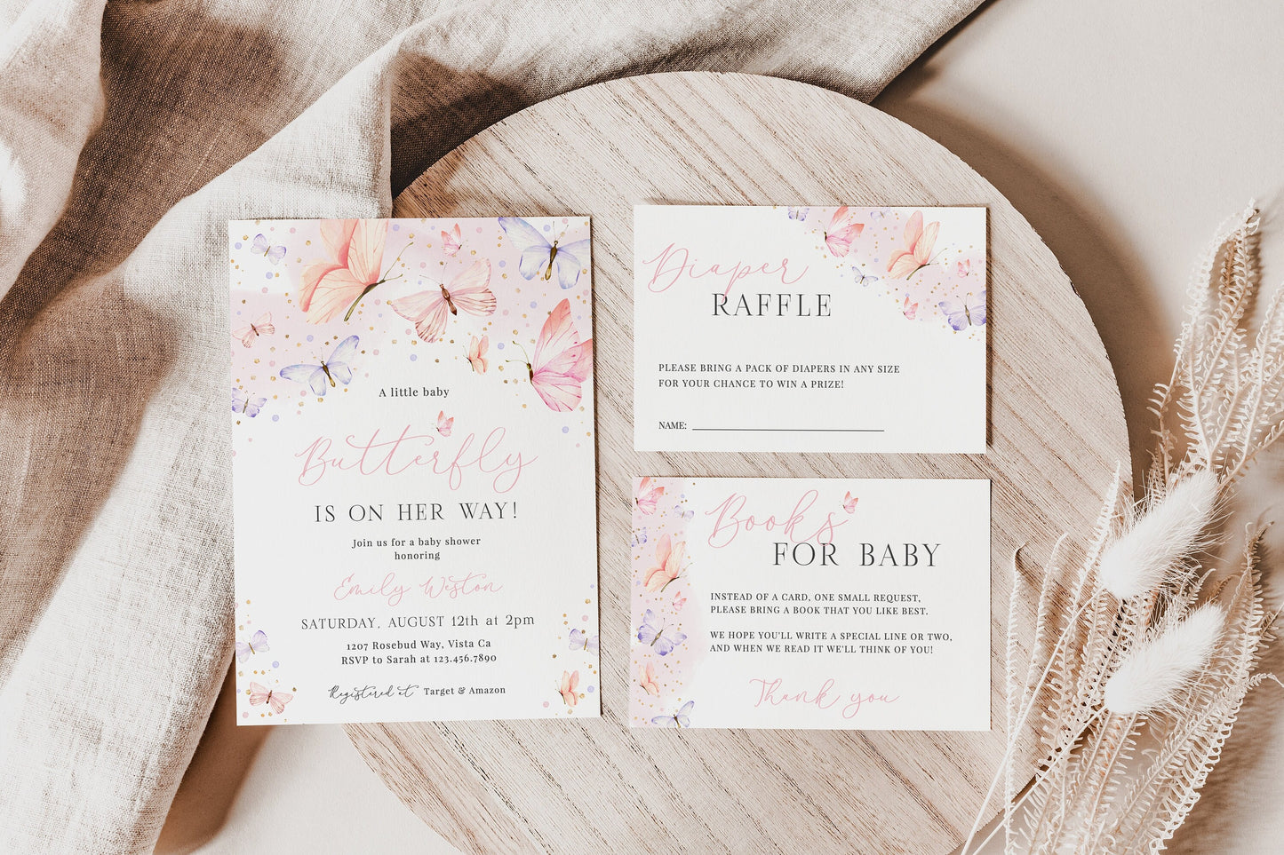 Editable Butterfly Baby Shower Invitation Set Pink Butterfly Baby Shower Invite Girl Baby Shower Template