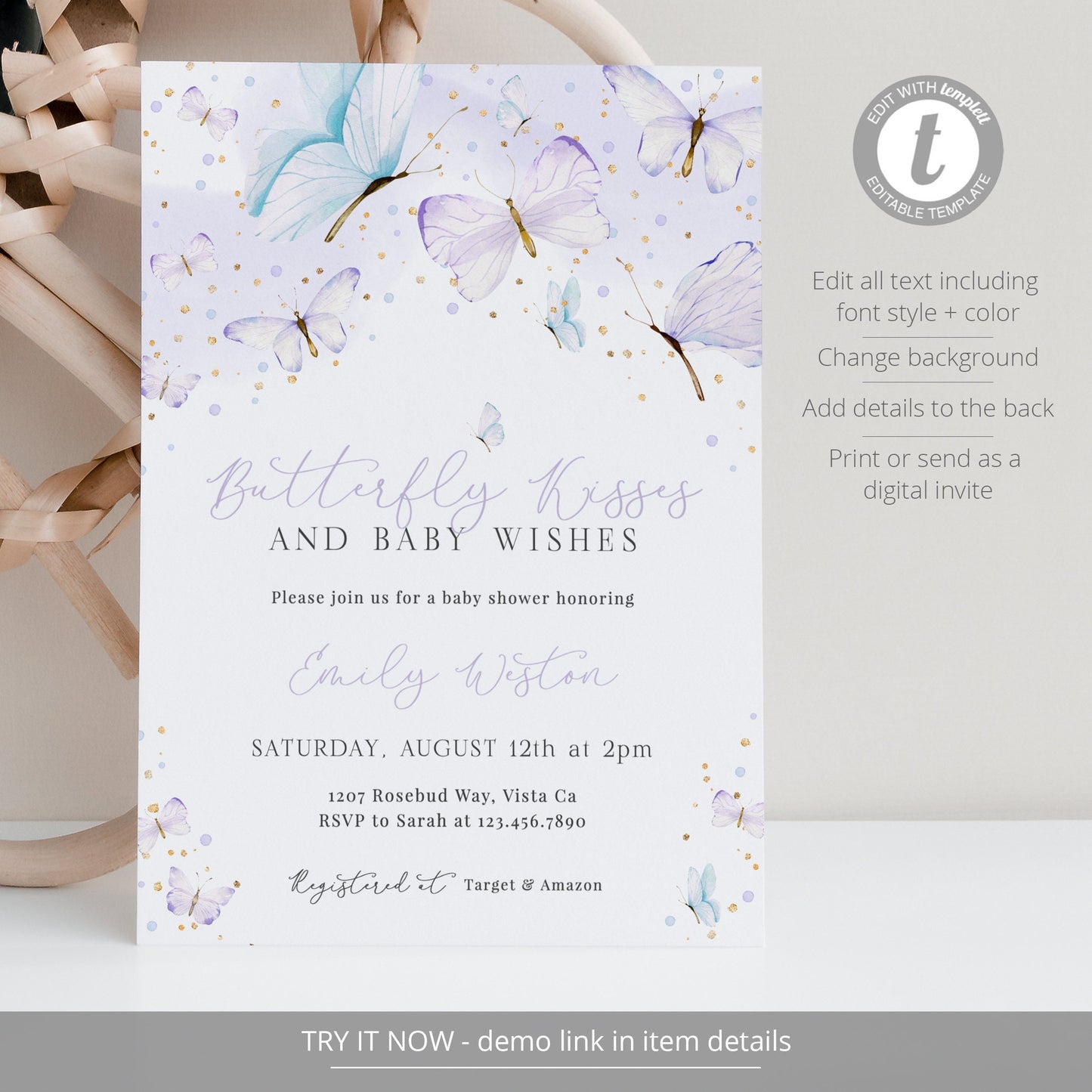Editable Butterfly Baby Shower Invitation Purple Butterfly Baby Shower Invite Girl Baby Shower Butterfly Party Template
