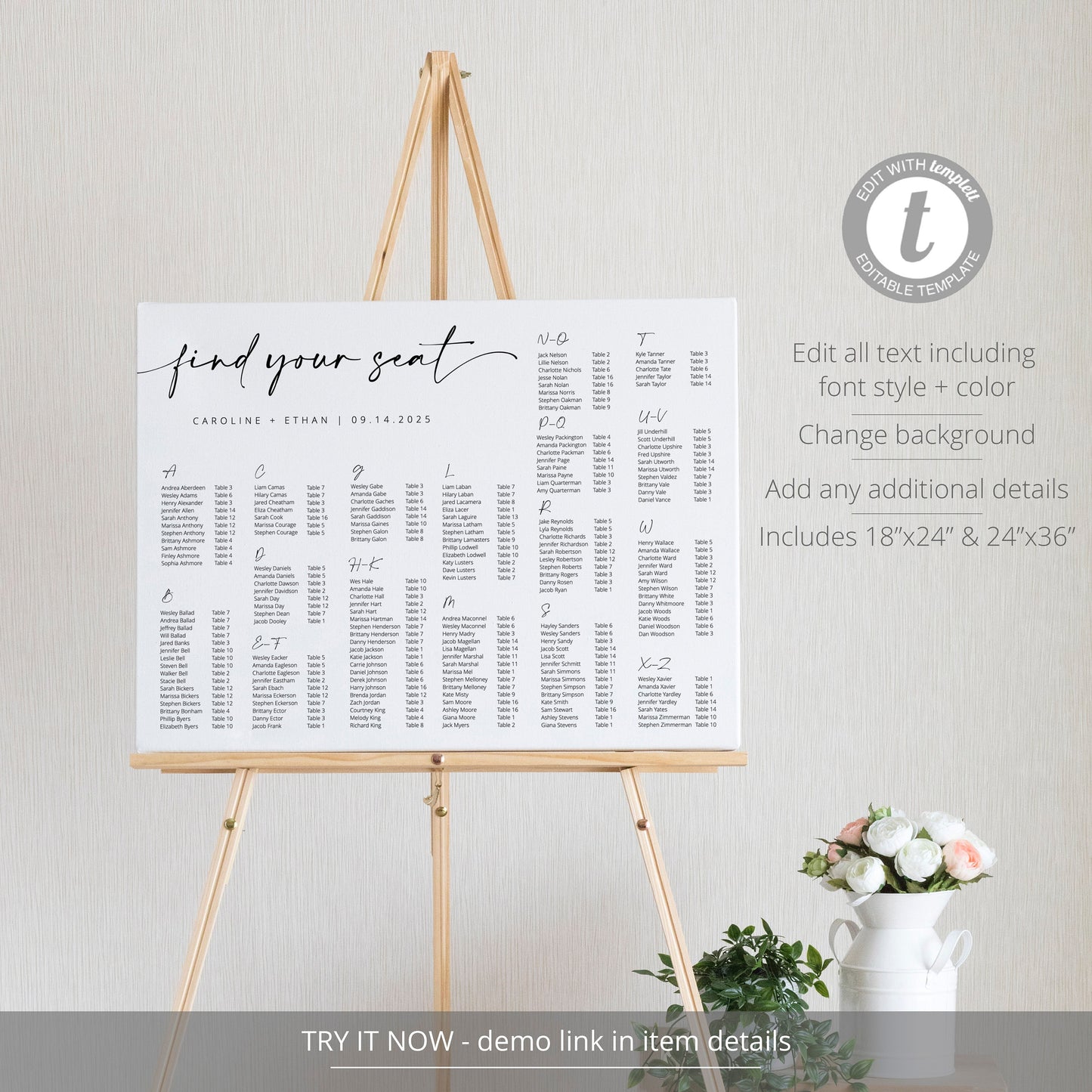 Editable Alphabetical Wedding Seating Chart Minimalist Seating Chart Poster Wedding Seating Plan Template