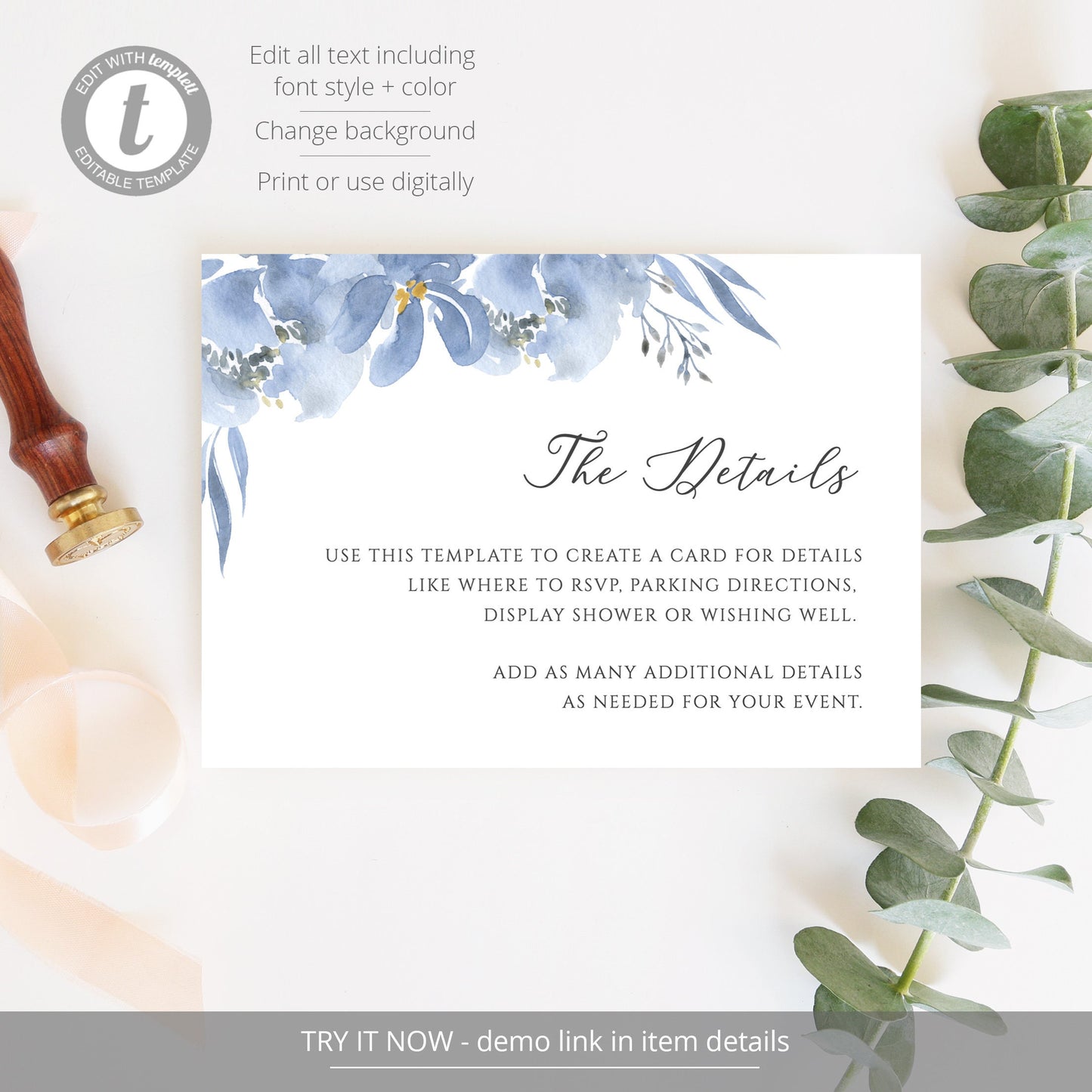 Editable Dusty Blue Details Card Blue Floral Bridal Shower Details Card Insert Details Card Template