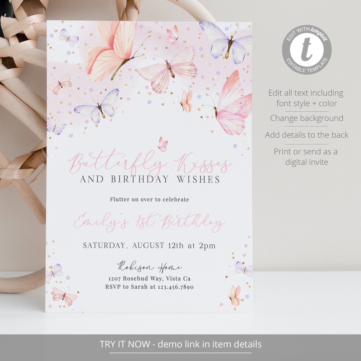 Editable Butterfly Birthday Invitation Pink Butterfly Kisses Invite Girl First Birthday Butterfly Party Template