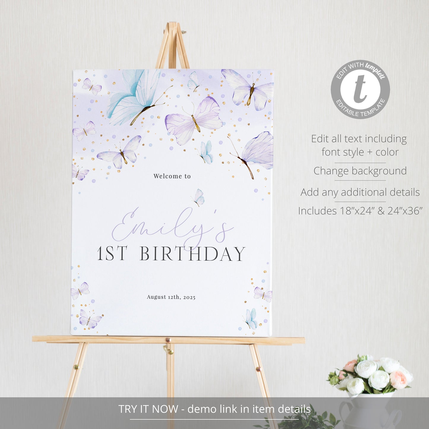 Editable Butterfly First Birthday Welcome Sign Purple Butterfly Birthday Welcome Poster Girl Butterfly Party Sign Template