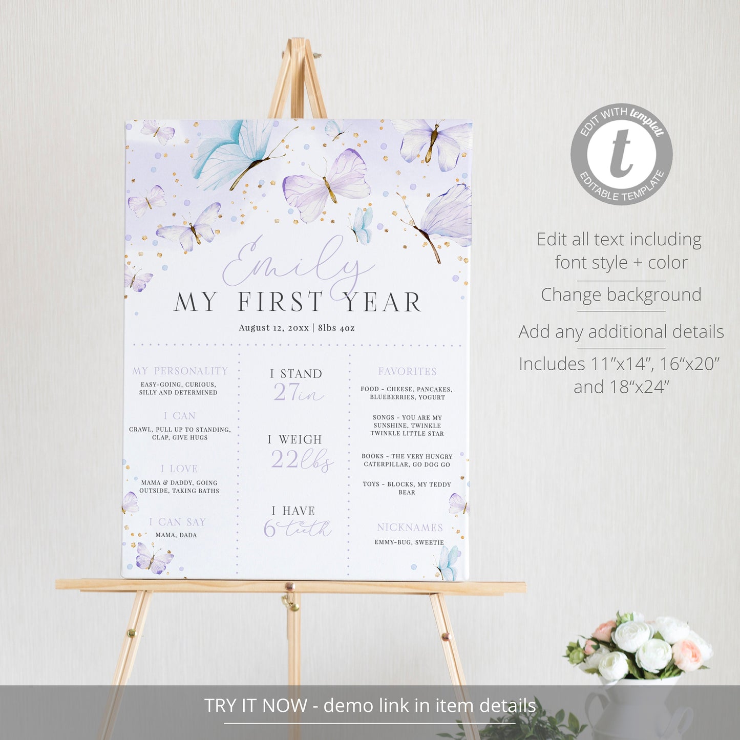 Editable Butterfly First Birthday Milestone Poster Butterfly Birthday Stats Sign Purple First Year Milestone Sign Template