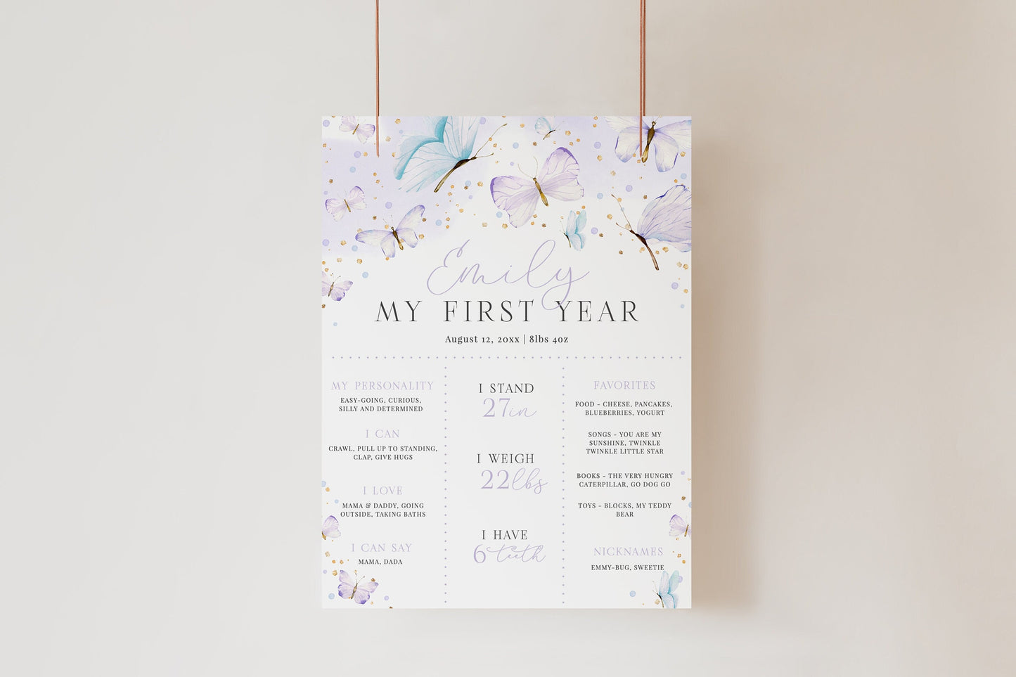 Editable Butterfly First Birthday Milestone Poster Butterfly Birthday Stats Sign Purple First Year Milestone Sign Template