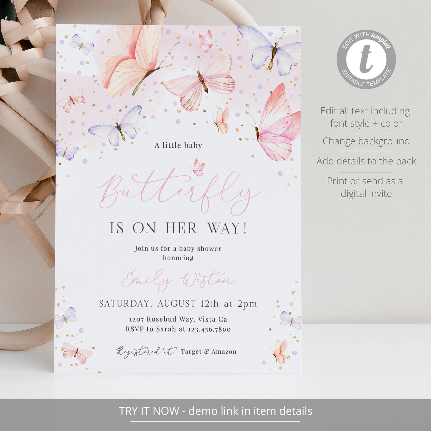 Editable Butterfly Baby Shower Invitation Set Pink Butterfly Baby Shower Invite Girl Baby Shower Template