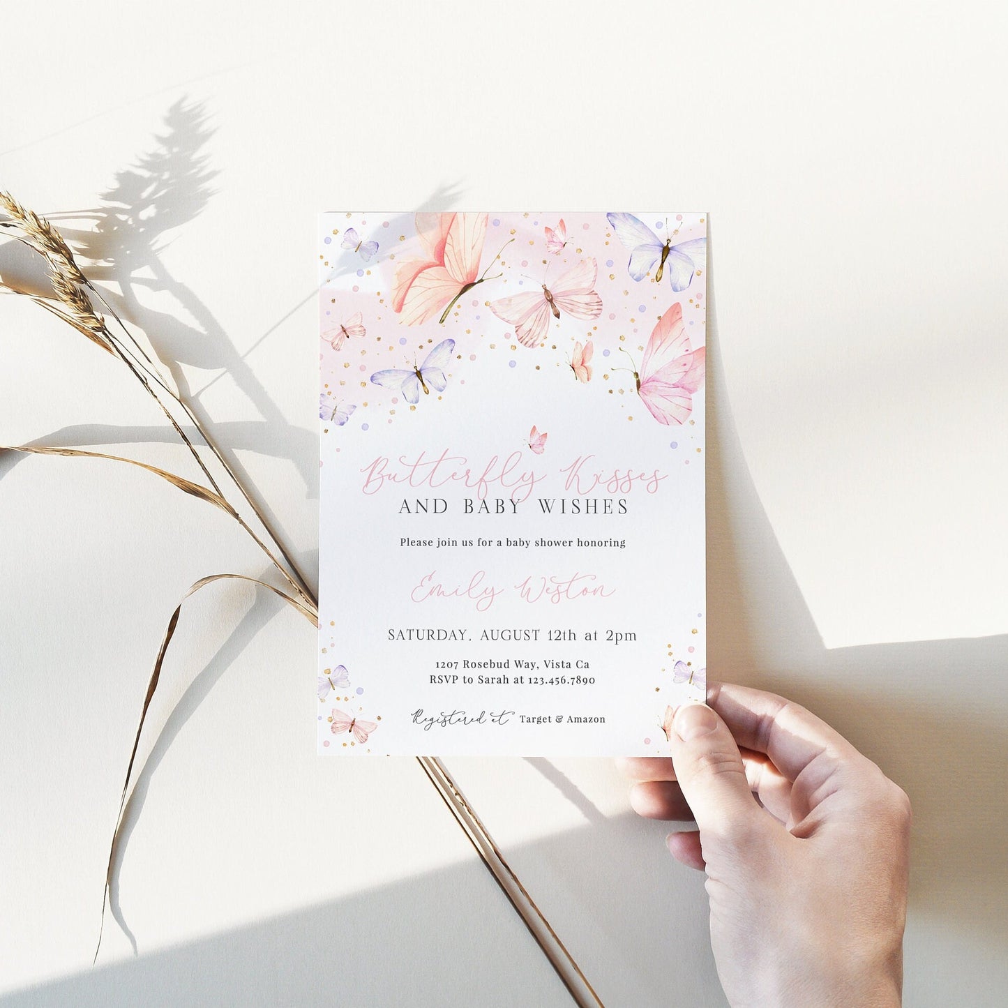 Editable Butterfly Baby Shower Invitation Pink Butterfly Kisses Baby Shower Invite Girl Baby Shower Invitation Template